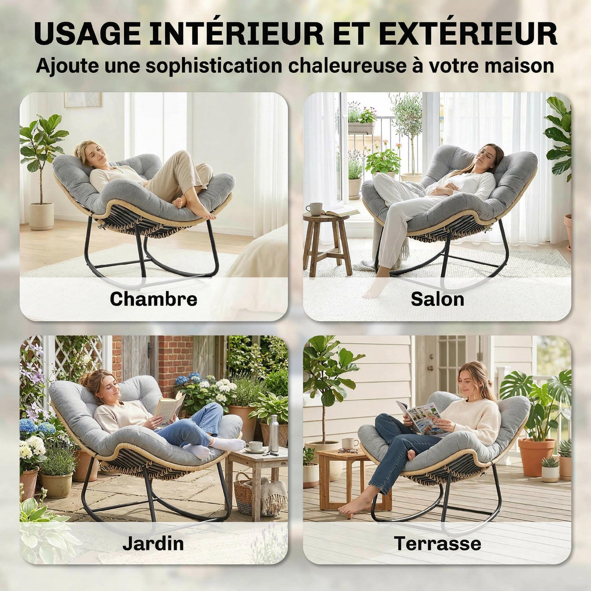 Outsunny Fauteuil à Bascule de Jardin pour Intérieur et Extérieur, Rocking Chair en Résine Tressée avec Coussin Moelleux, Fauteuil Œuf pour Terrasse, Balcon, Chambre, 110 x 87 x 70 cm, Gris