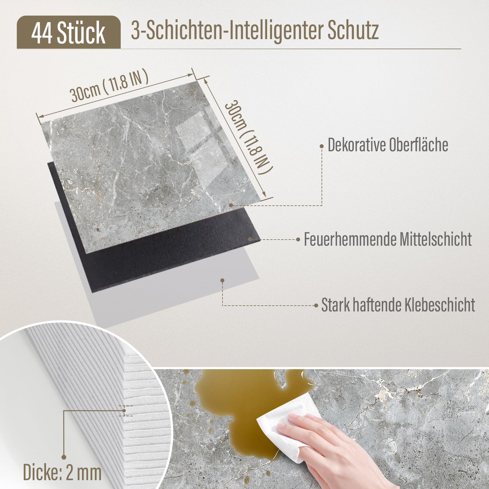 OJTOJT Wandfliesen Selbstklebend 30x30cm 44 Stück, Peel and Stick Tiles, Wasserfest, Marmor Fliesenaufkleber für Küche Wohnzimmer