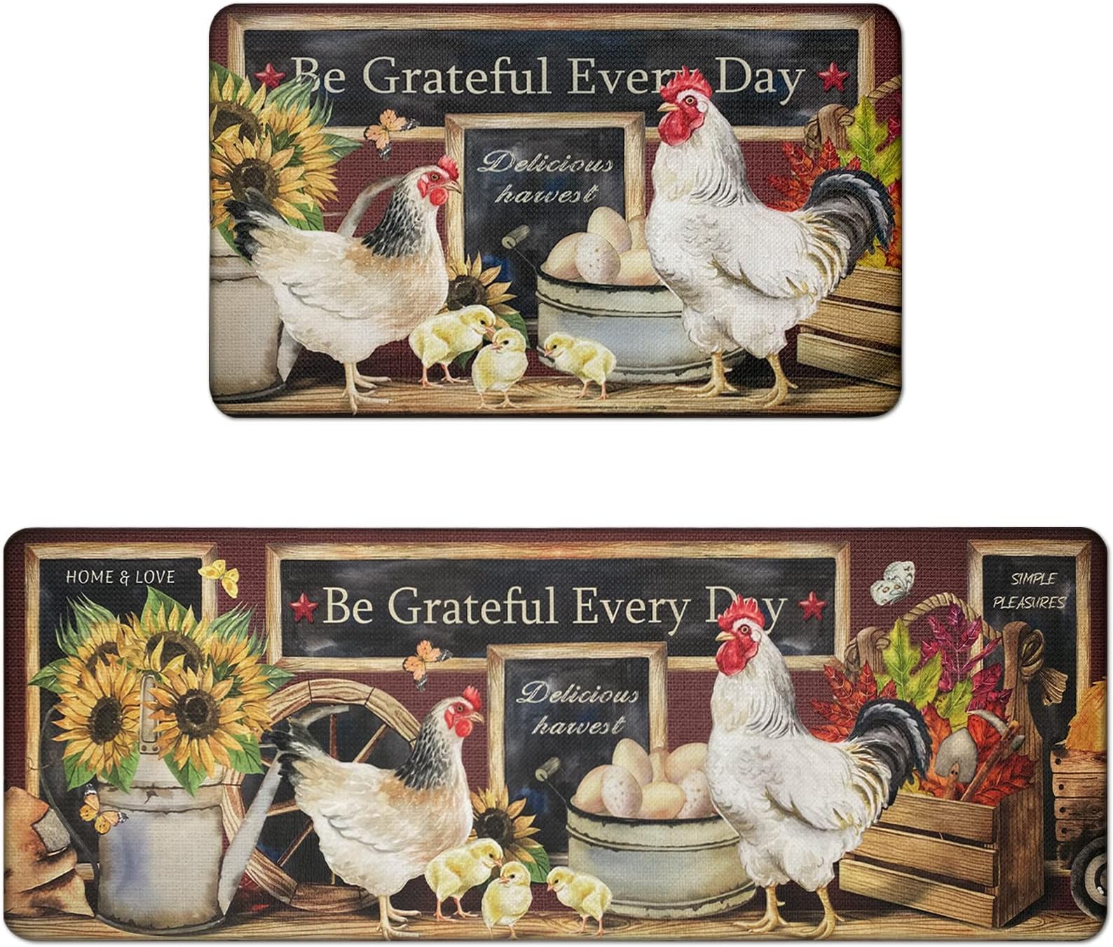 Bencailor 2 Pcs Rooster Kitchen Rugs Set Farm Chicken