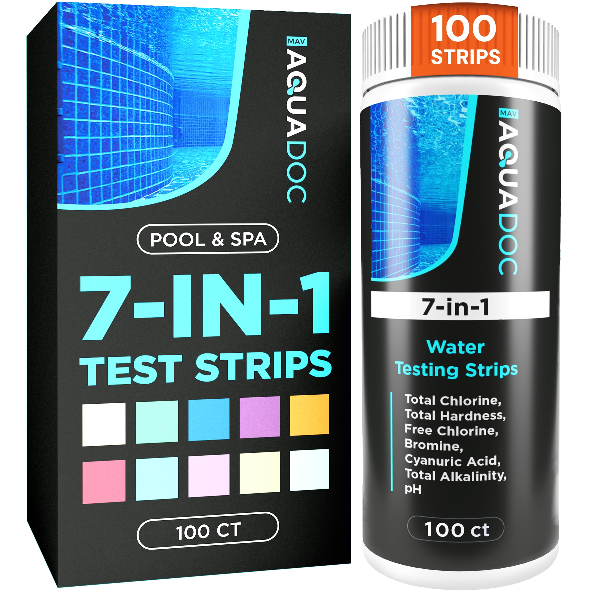 AquaDoc 7-in-1 Spa & Hot Tub Test Strips - 100 Pool Test Strips for pH, Chlorine, Hardness, Bromine, Cyanuric Acid, Alkalinity