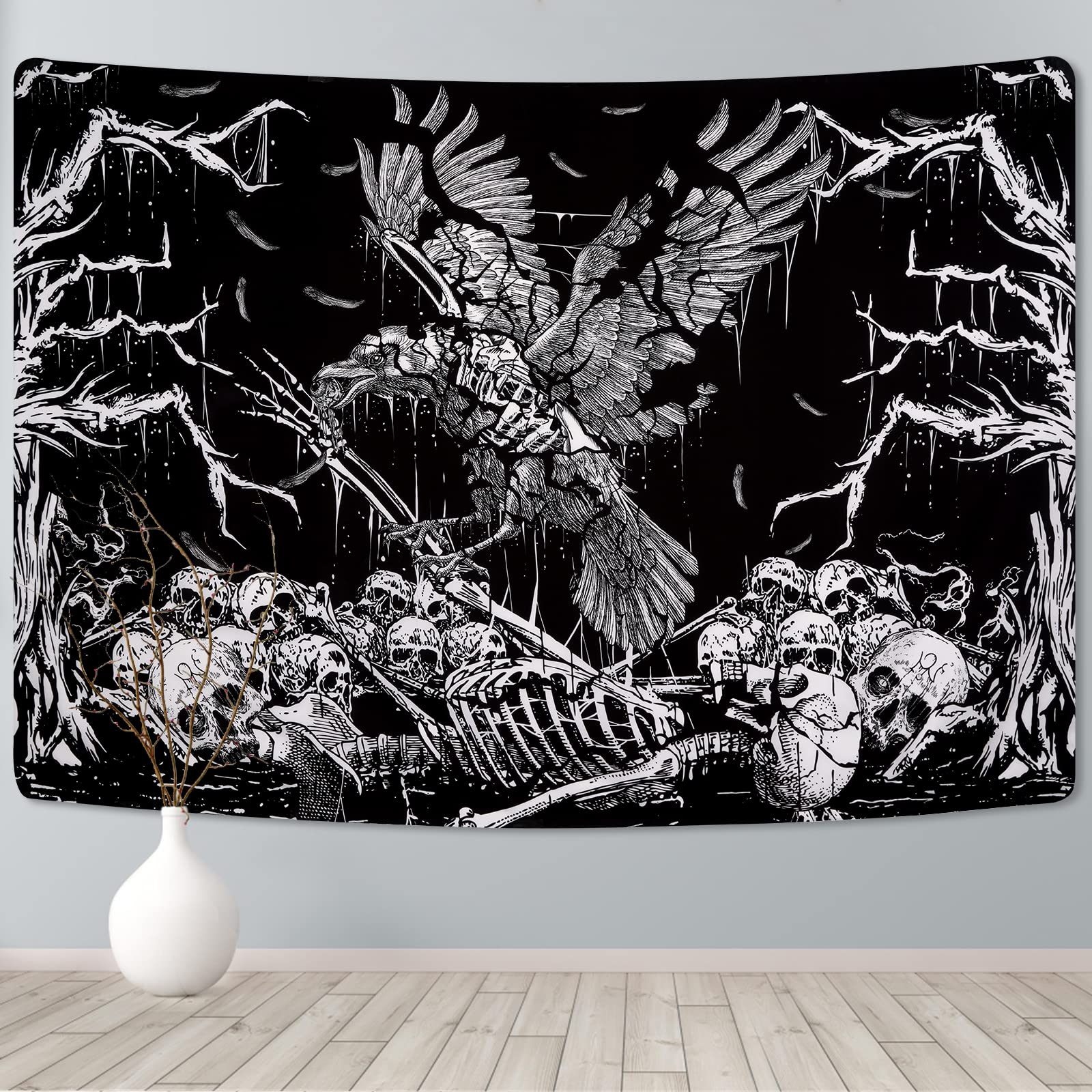 Lyacmy Skull Tapestry Black and White Tapestry Branches Tapestry Skeleton Crow Raven Tapestry Hippie Eyes Tapestry Wall Hanging for Room(59.1 x 82.7 inches)