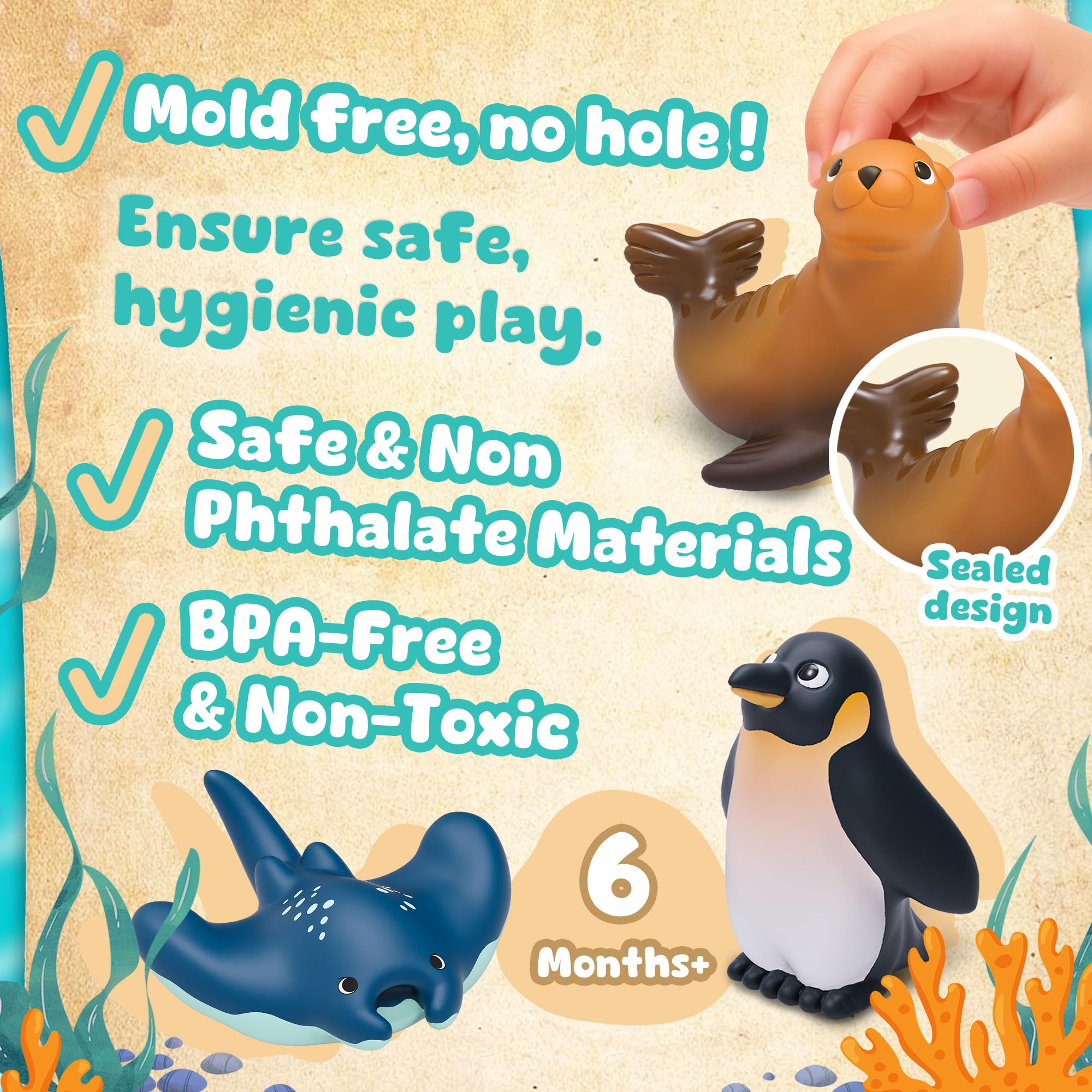 6er Set Ozean Badespielzeug für Kleinkinder 6m ohne Bohren ohne Form Badewannenspielzeug ohne Form Hai Wal Delphin Pinguin Meerestiere Set für den