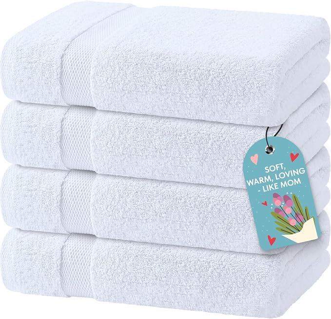 Wealuxe White Bath Towels Set of 4 — 27 x 54 Inch, 100% Ring Spun Cotton 650GSM, Extra Absorbent, Soft White Towels for Bathroom, Shower, Hotel, Spa