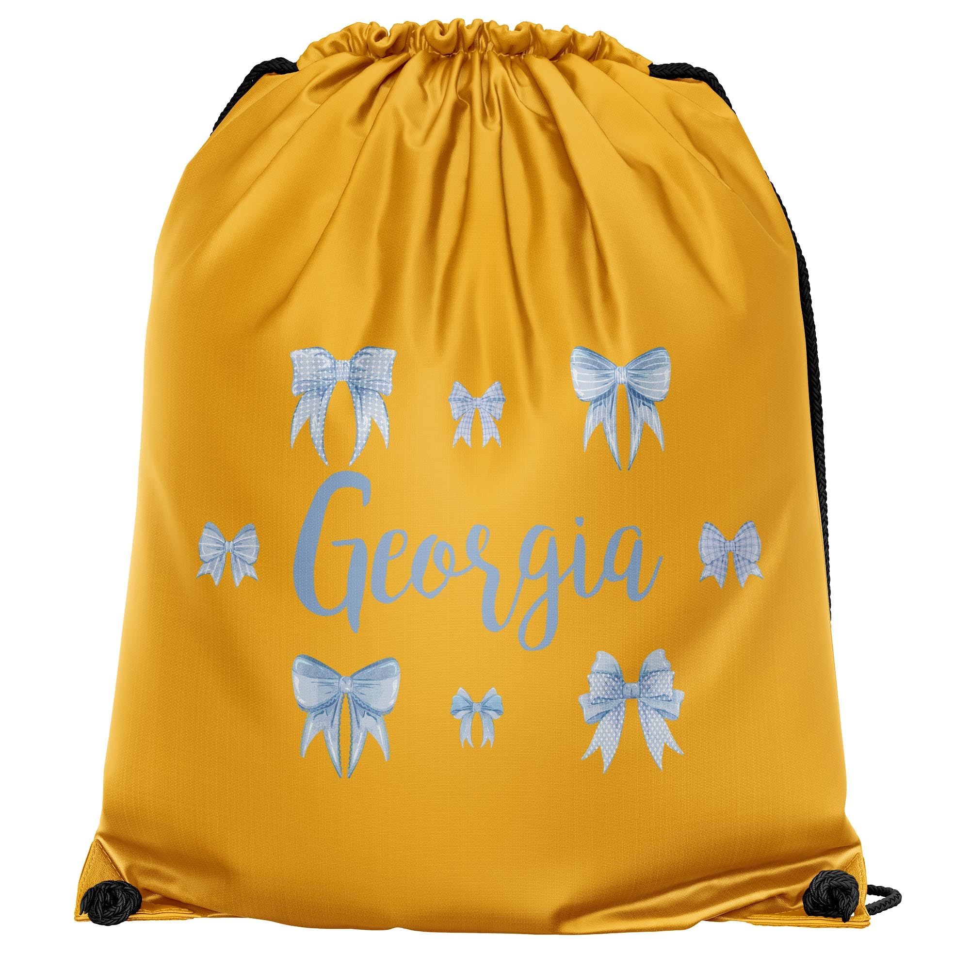 Purple Print House Personalised Bows Drawstring Bag for Girls Custom Name PE Kit Sports Bag for Back to School Kids Infants New Term Gift, One Size, Orange