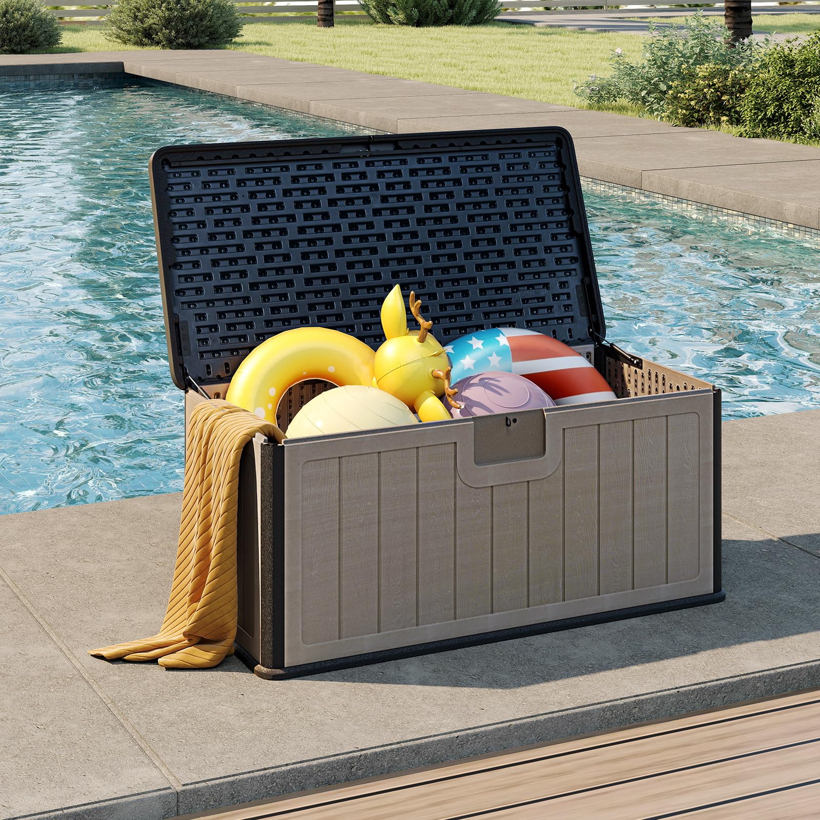 COSTWAY Baule da Esterno 378 L, Cassapanca Contenitore Impermeabile in Resina con Pistoni a Gas, Coperchio Bloccabile, Salvaspazio per Giardino, Cortile e Piscina, 130 x 64 x 59 cm (Marrone+Nero)