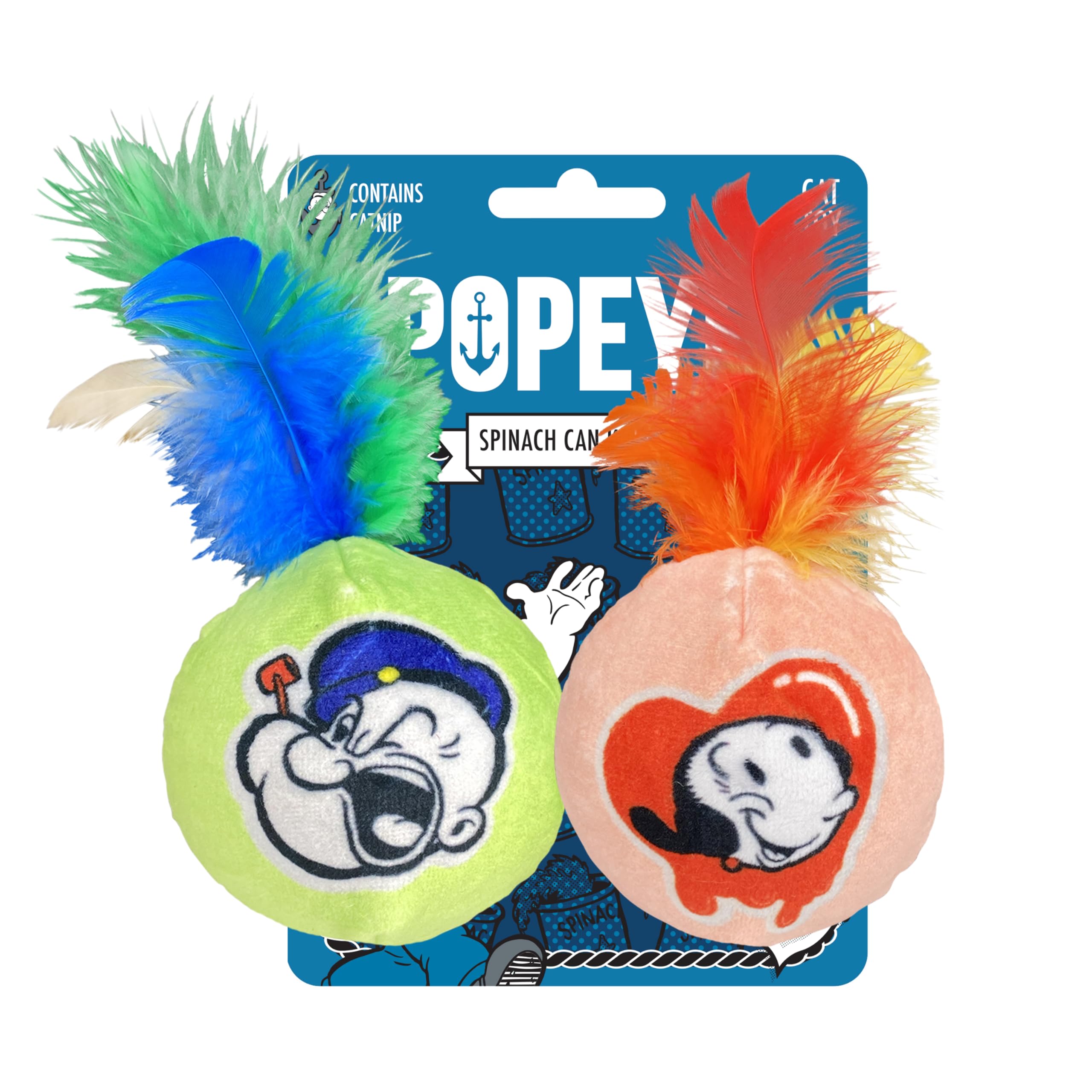 Multipet Popeye Cat Ball with Feathers, 2 Pack, Assorted Colors, 5 inches