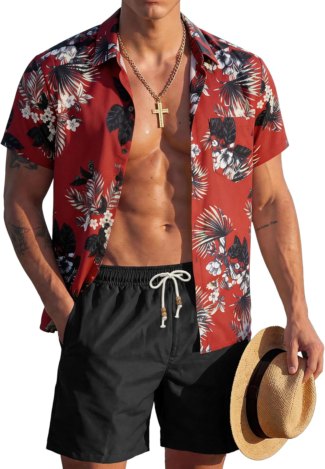 JEMLDL Men's Hawaiian 2 Piece Outfits Floral Button Down Shirts & Linen Shorts Sets Summer Beach Travel Clothes