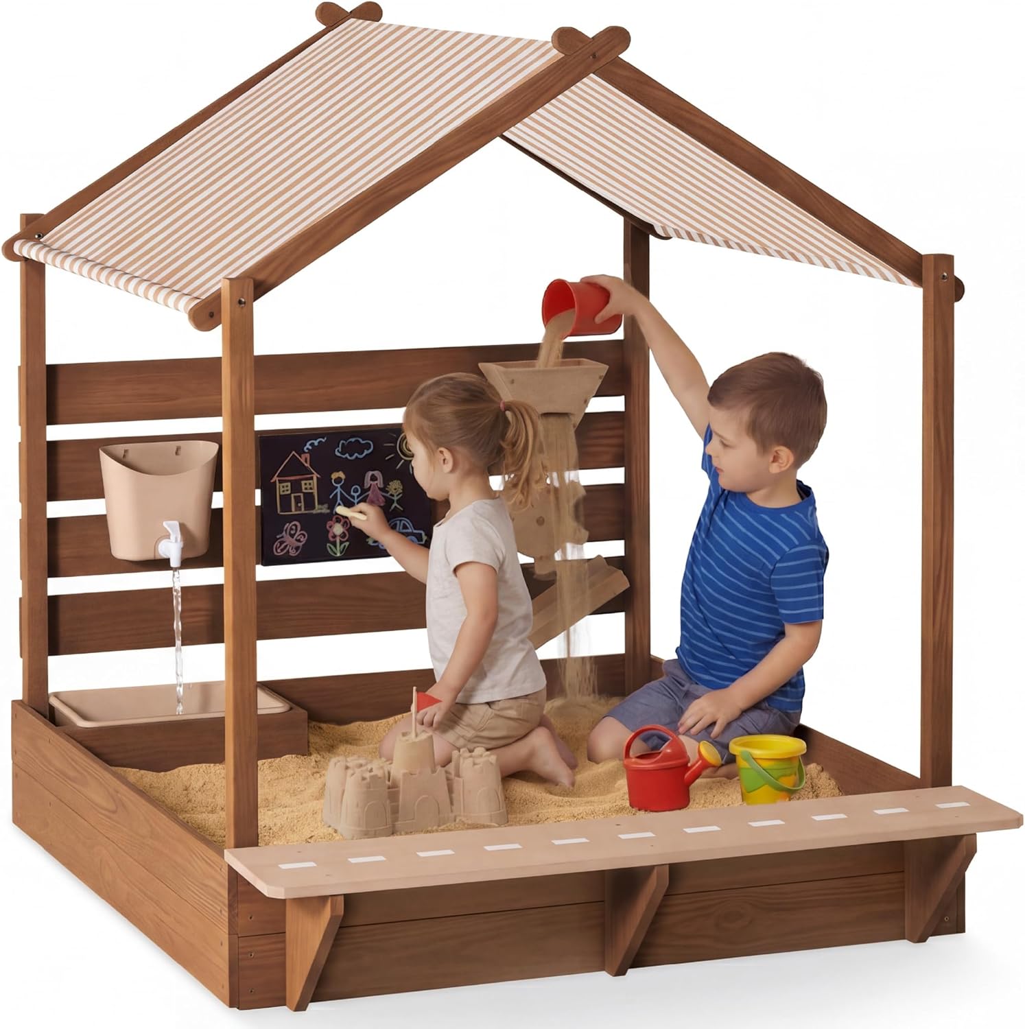 Best Choice Products Sandbox with Canopy, Extra Large Wooden Kids Sand Box with Cover, Water Table & Sink, Chalkboard, Bench Seating w/ 110 lb Capacity, Outdoor Backyard Playset​ - Beige