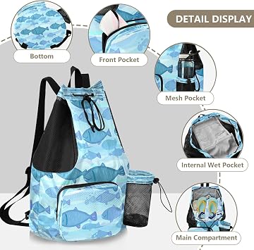 Blue Swimming Fish Swim Bag Mesh Sports Drawstring Backpack with Wet Pocket Waterproof Swimming Gym Backpack for Men Women