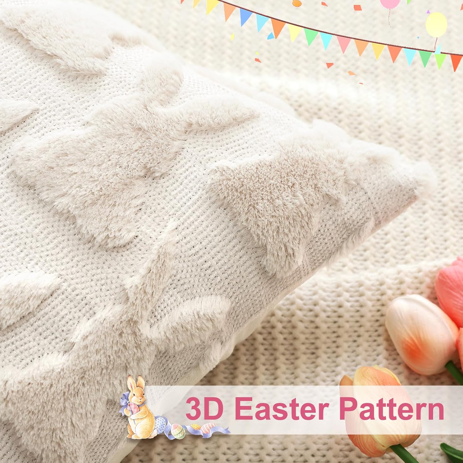 OTOSTAR Set of 2 Easter Soft Plush Short Wool Velvet Decorative Throw Pillow Covers Square Cute Bunny Pillow Case Pillow Shell for Party Sofa Bedroom Cream Beige, 18x18 Inch image 2