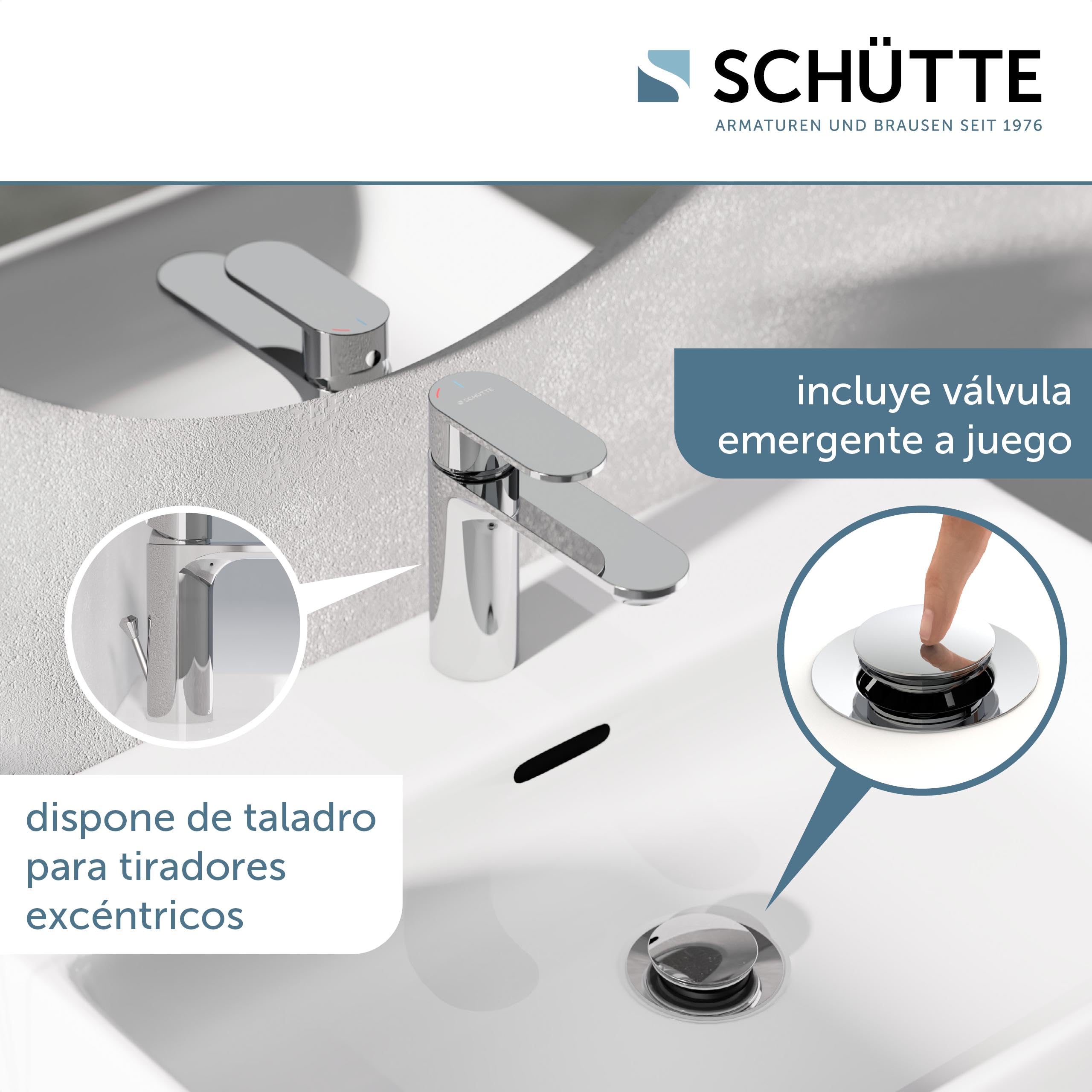 SCHÜTTE MONTANA 32310 - Grifo monomando para baño con desagüe, grifo monomando para baño con tapón de desagüe desplegable, cromado