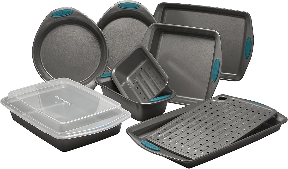 ¡Mmm! Juego de moldes para hornear antiadherentes Oven Lovin', 10 piezas, gris y azul marino | Juego de bandejas para hornear y moldes para hornear pasteles de color gris y azul marino, acero de calibre pesado, bandeja para hornear, apto para horno hasta 500°F