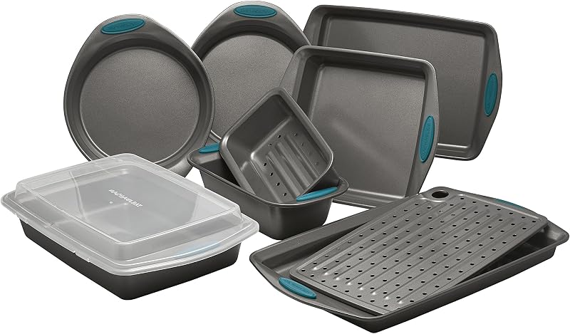 ¡Mmm! Juego de moldes para hornear antiadherentes Oven Lovin', 10 piezas, gris y azul marino | Juego de bandejas para hornear y moldes para hornear pasteles de color gris y azul marino, acero de calibre pesado, bandeja para hornear, apto para horno hasta 500°F