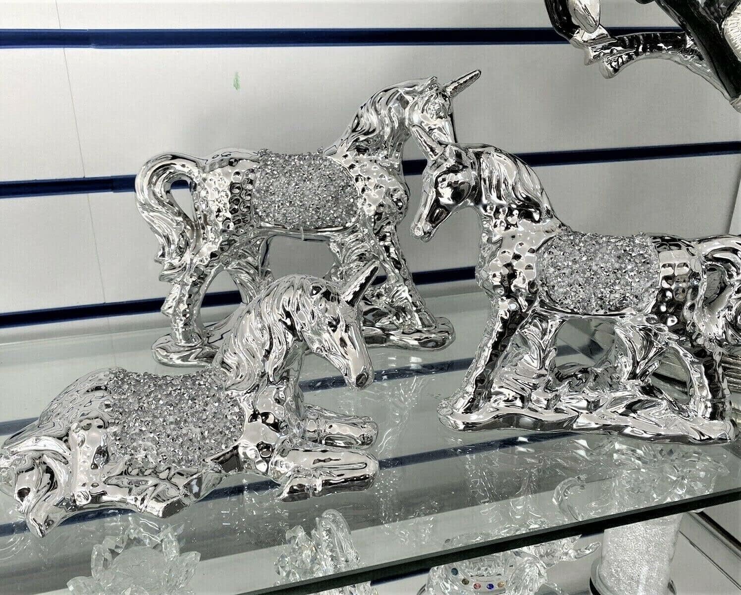 Biznest Silver Xl Set Of 3 Unicorn Sparkle Bling Ornament Crushed Diamond,Home Decor Shelf Sitter