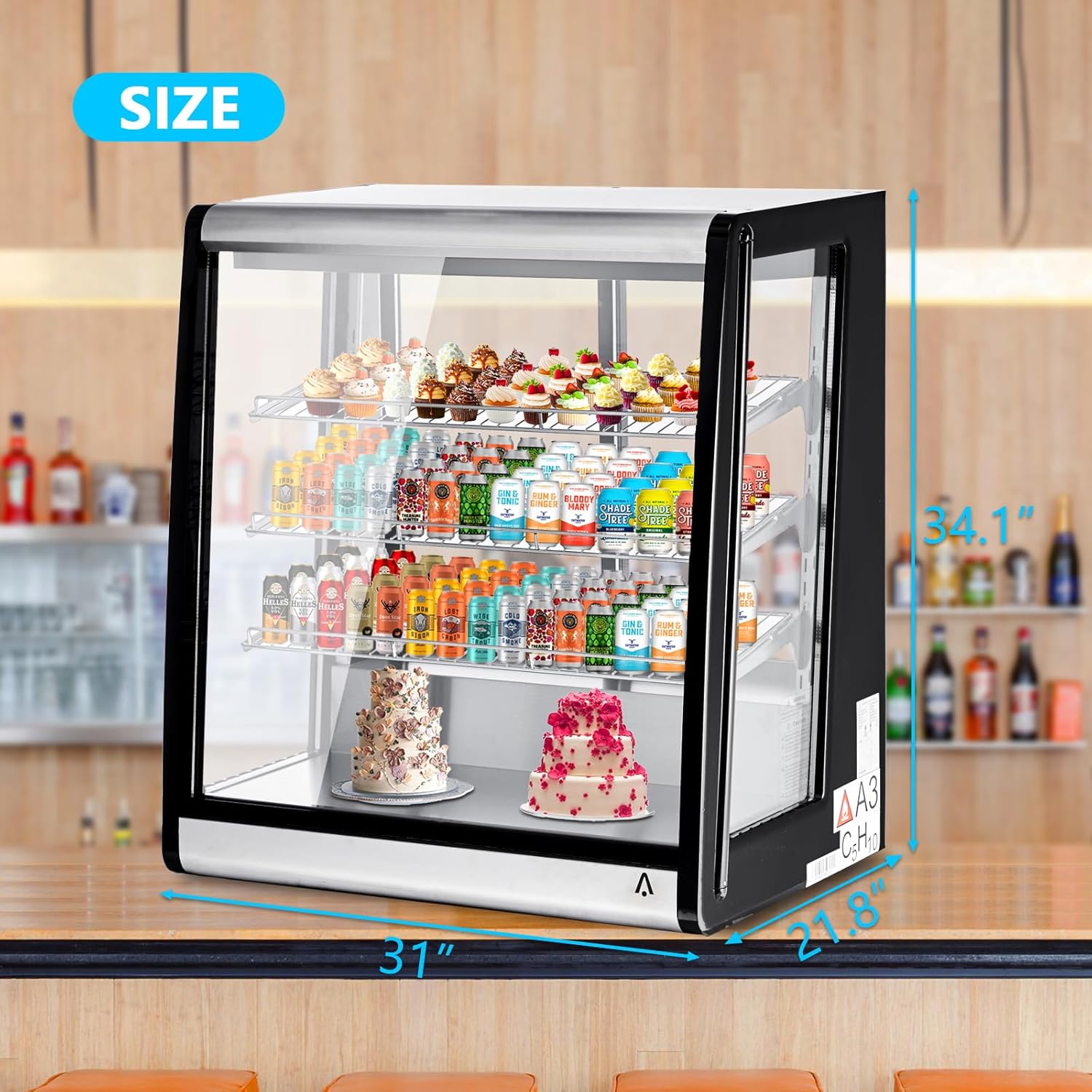 Commercial Refrigerated Display Case, 196L Glass Door Countertop Refrigerator with Double Layer Tempered Glass, 110V for Restaurants, Cafes, Stores, Black