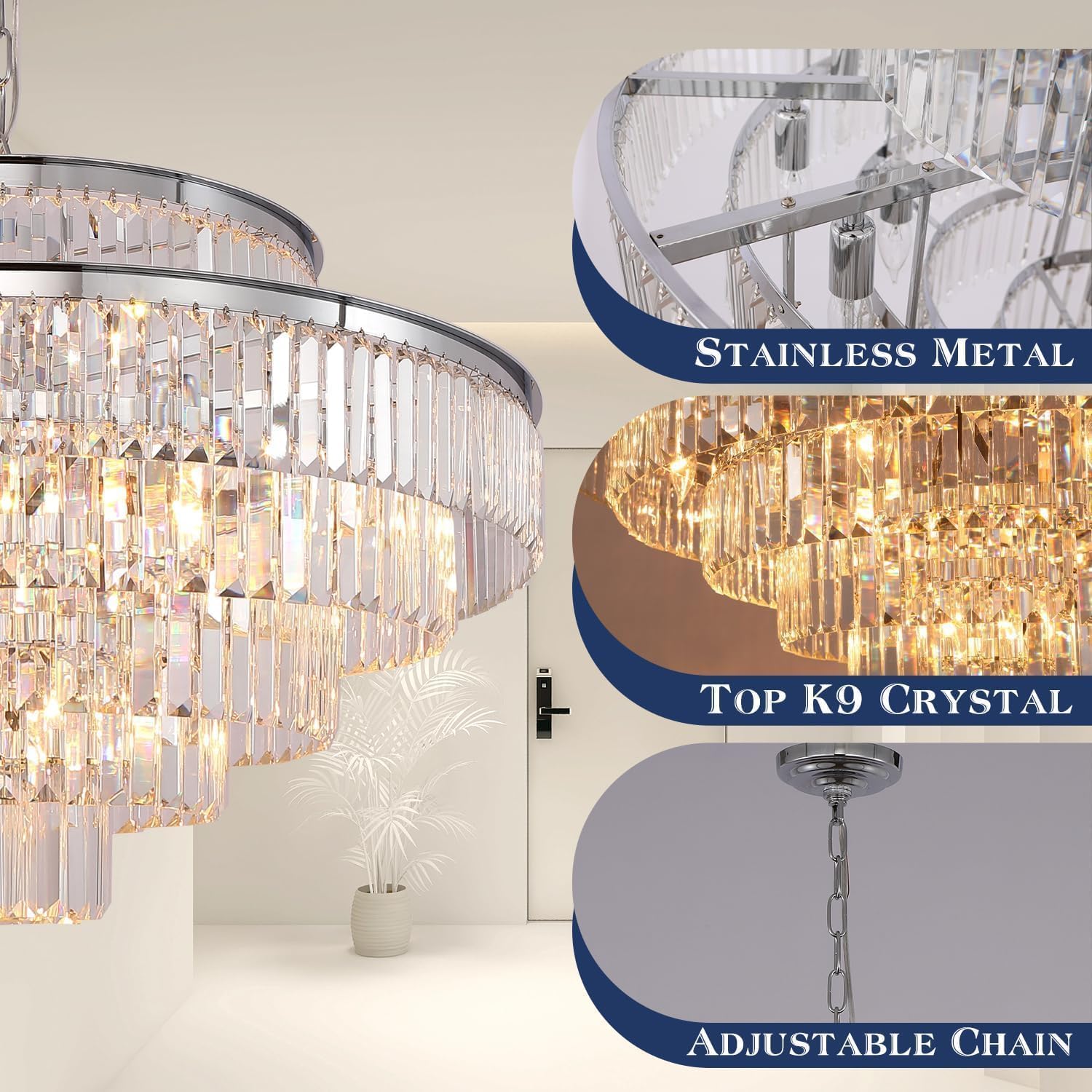 Crystal Chandelier Chrome Modern Luxury Pendant 7-Tier 31" Ceiling Lights Fixture for Dining Room, Living Room, Foyer