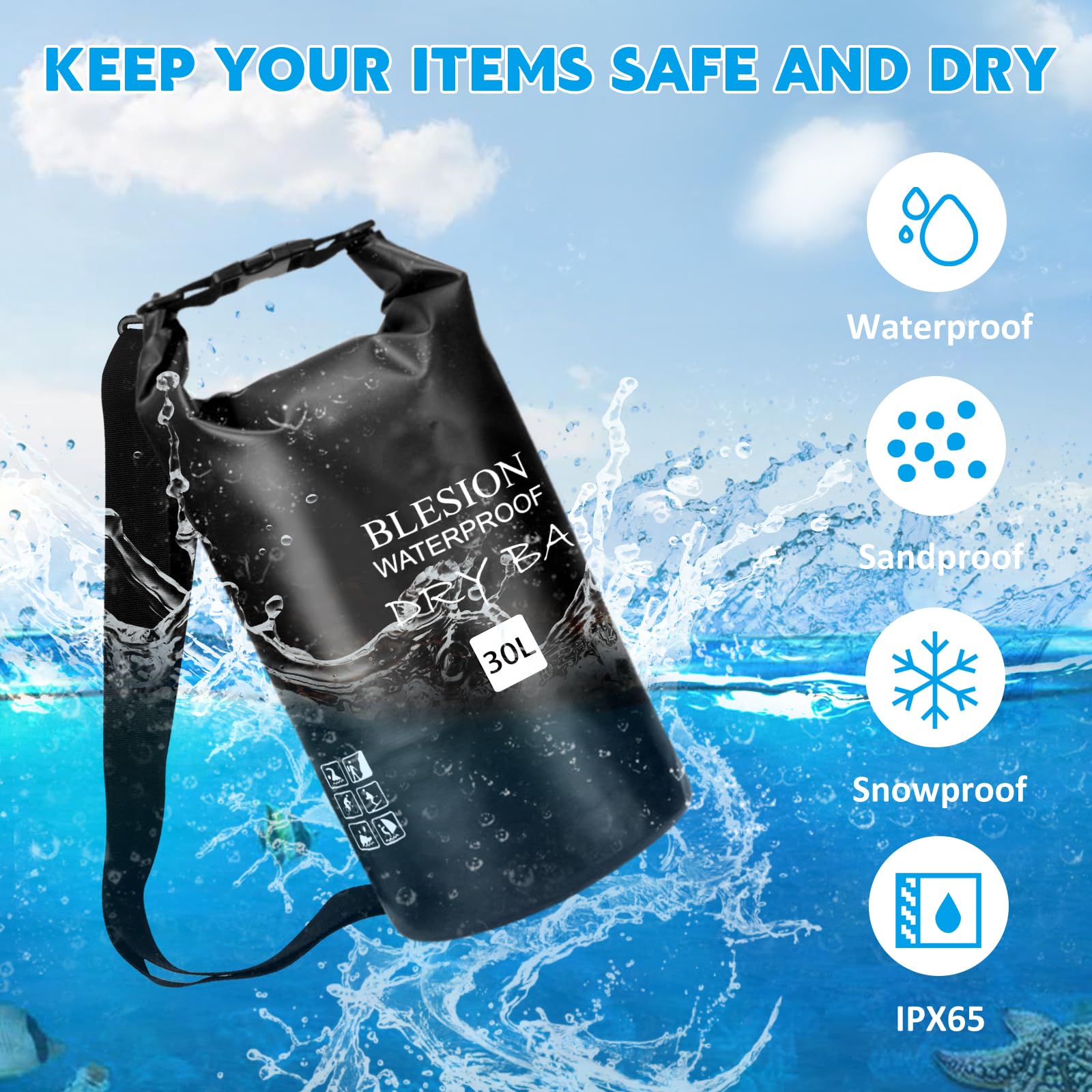 BLESION Borse Impermeabile, Sacca Impermeabile, Dry Bag 5L 10L 15L 20L 30L con Tracolla Regolabile per Spiaggia Sport d'Acqua Trekking Kayak Canoa Pesca Rafting Nuoto Campeggio