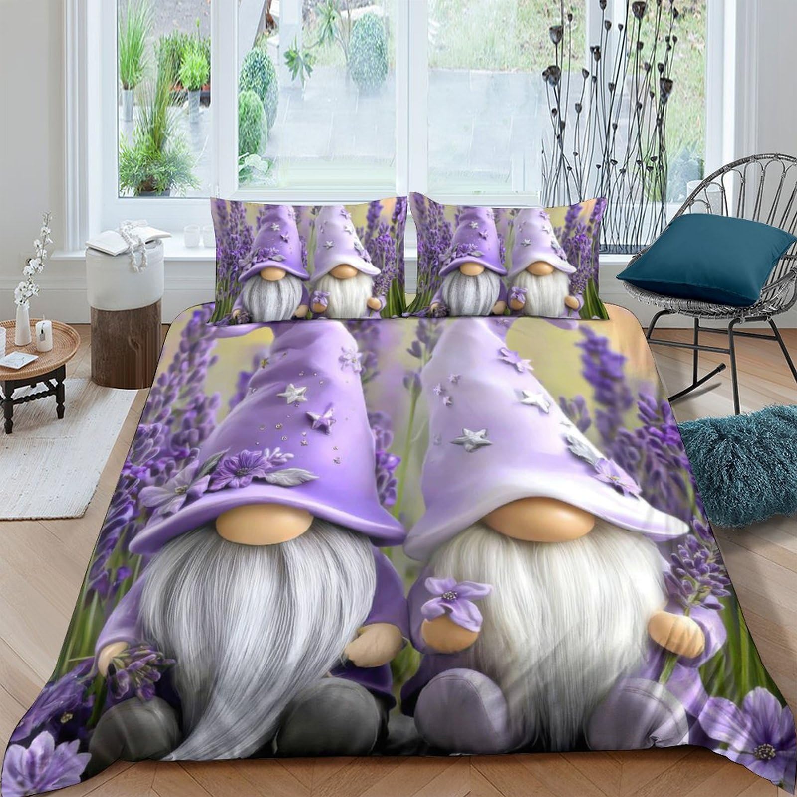 GPLZQXKJNH 3D Printed Lavender Gnome Duvet Cover Microfiber Soft Breathable Purple Cartoon Bedding Set with 2 Pillowcases for Bedroom Decor Single（135x200cm）
