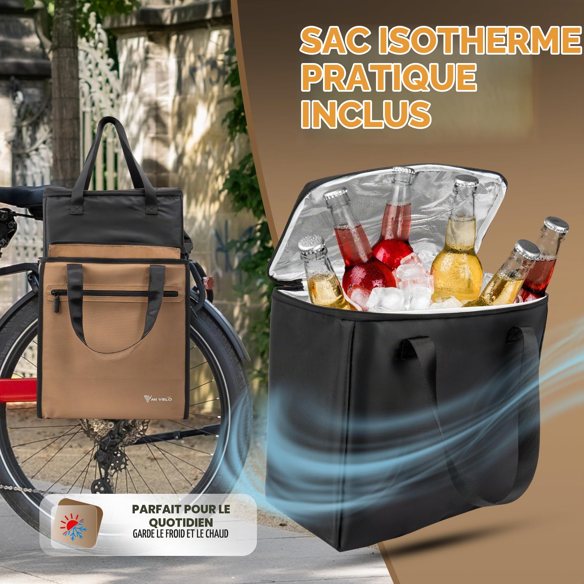MIVELO Sacoche de vélo pour porte-bagages - Sac de courses pour vélo Shopper - Sacoche de porte-bagages avec sac isotherme amovible - Sac de rangement, sac de transport et sac à bandoulière - 25 l