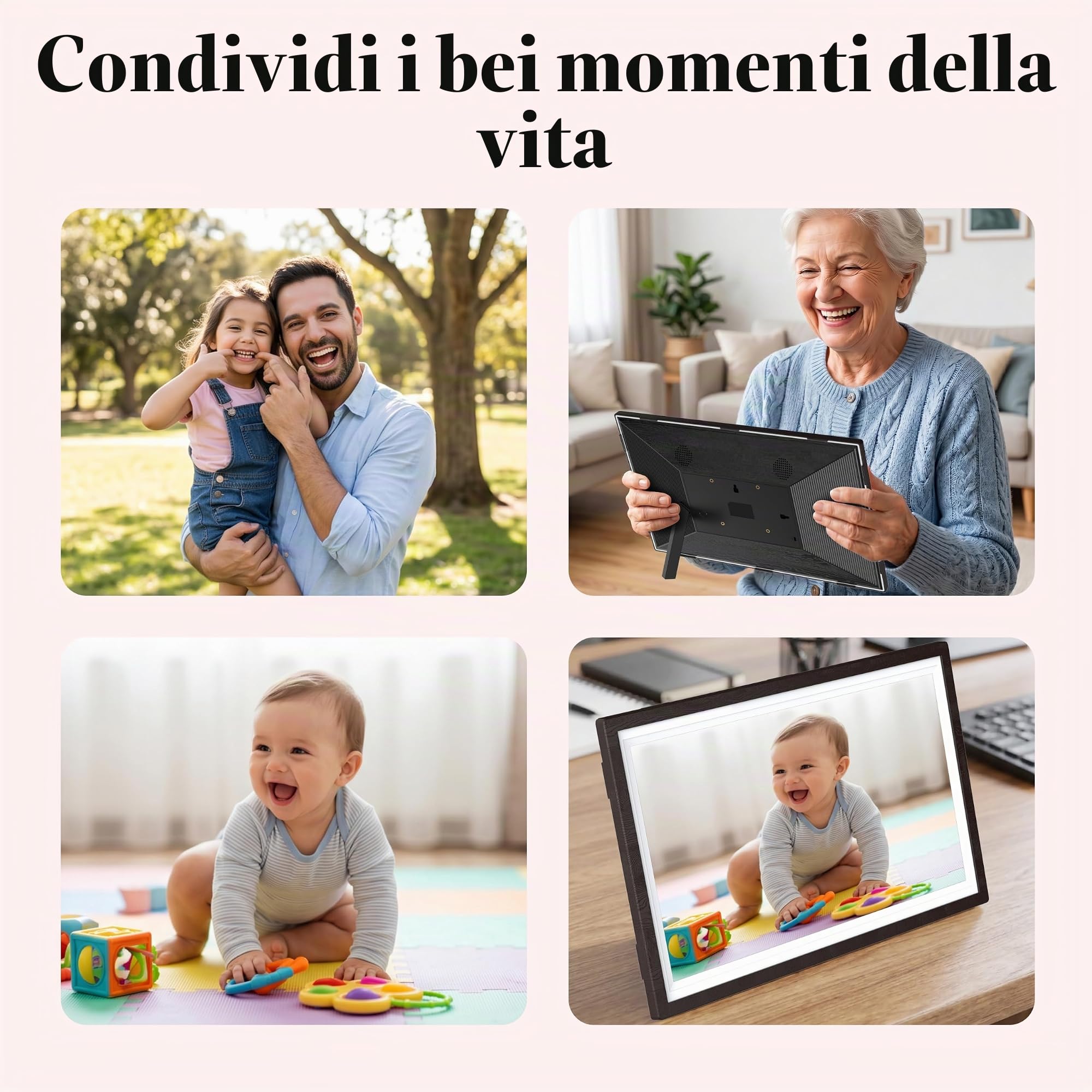 BYYBUO Cornice per foto digitale WiFi da 15,6 pollici, 1366 x 768 IPS Touchscreen, cornice digitale 32G noce marrone, condividere foto o video tramite l'app Frameo 2023