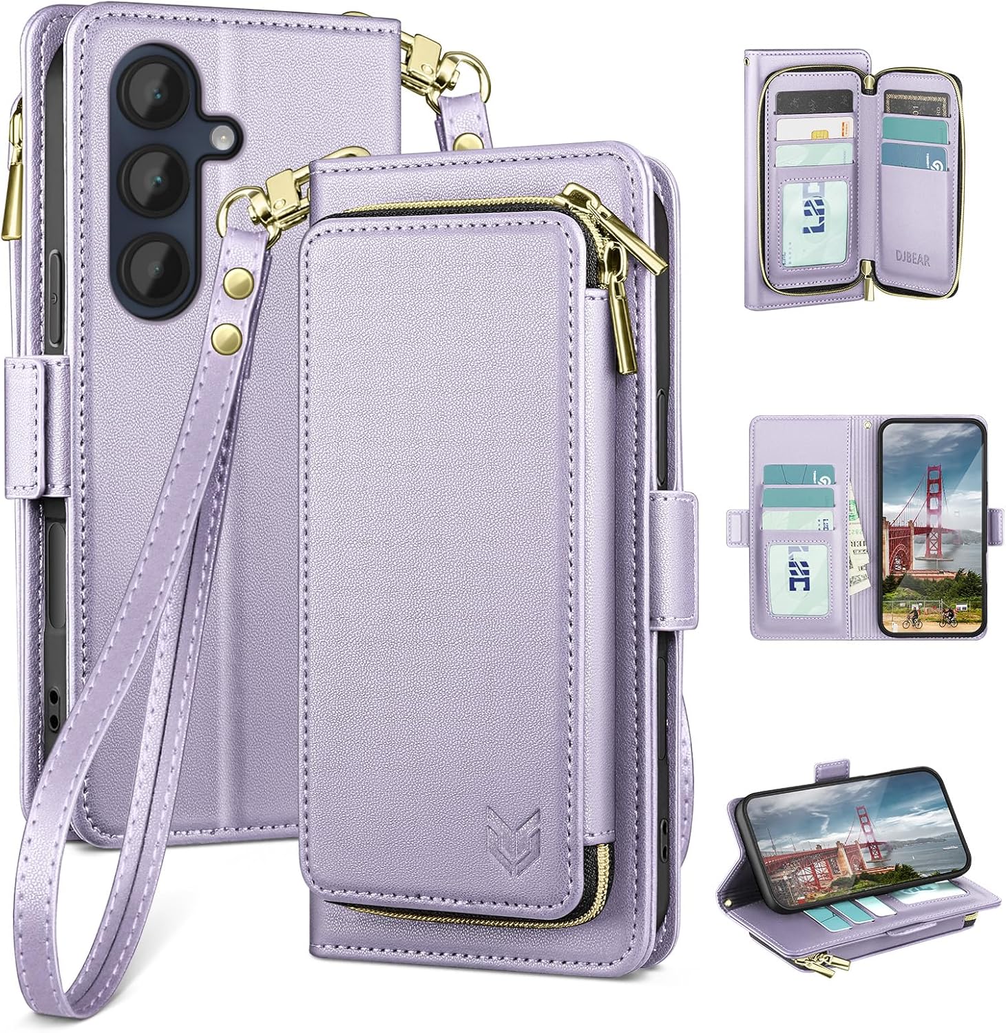 DJBEAR for Samsung Galaxy A16 5G Wallet Case for Men & Women, All-in-One Flip Folio Cover with 9 Card Slots, Zipper Pocket, Detachable Wrist Strap, Full Body Protection for Samsung A16 Dark Purple