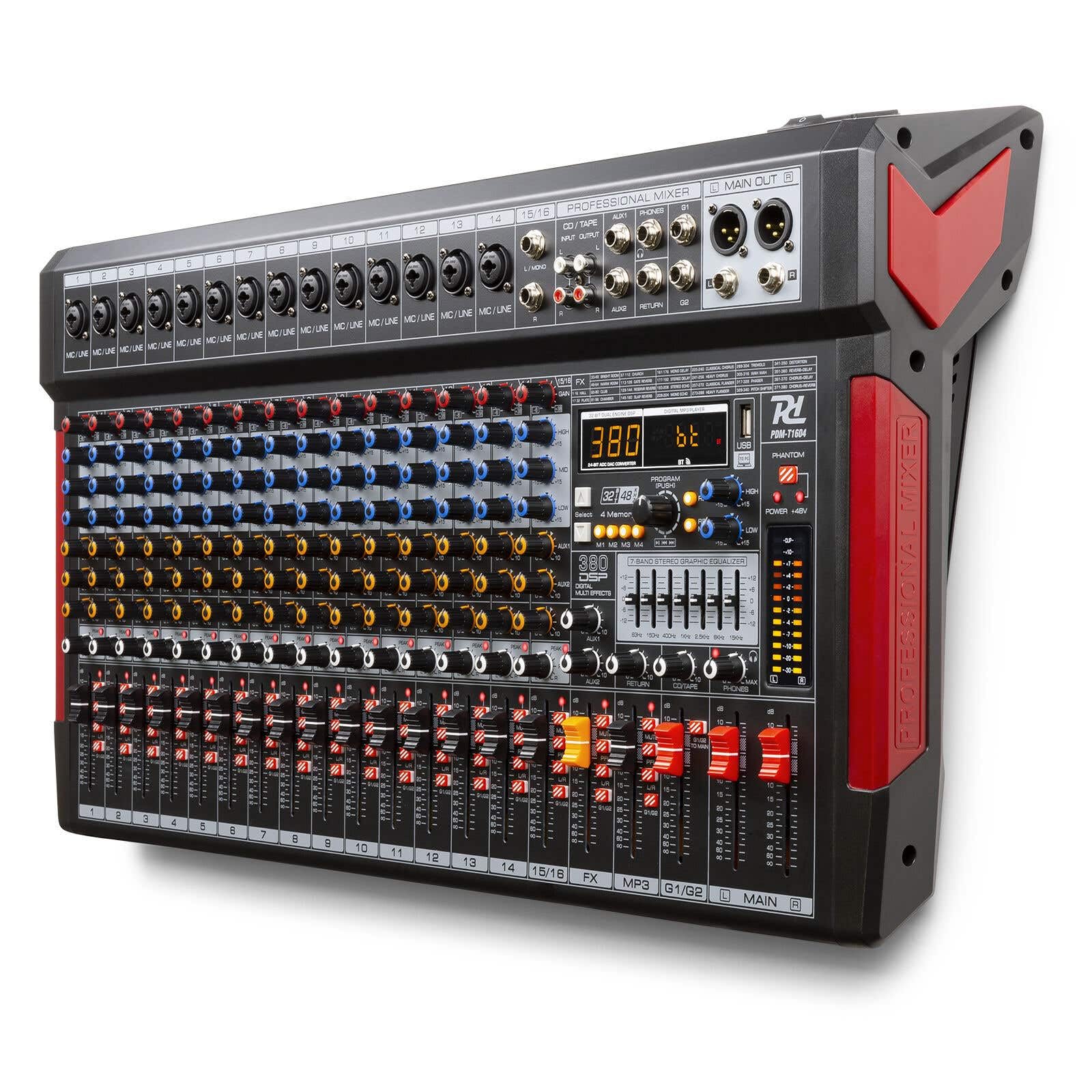 Power Dynamics PDM-T1604 Console de Mixage 16 Canaux - avec Streaming Bluetooth, Egaliseur Graphique 7 Bandes, MP3, Sortie USB, Sortie Casque Jack 6,35mm, Idéal pour Studio d'Enregistrement