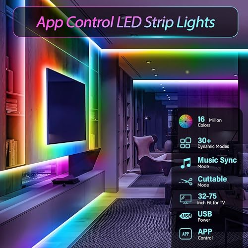 Miniatura 4 de HOUHUI Tira de luces LED, 150 luces LED RGB de 16.4 pies para TV de 32 a 75 pulgadas, sincronización de música, control de aplicación, tira LED de