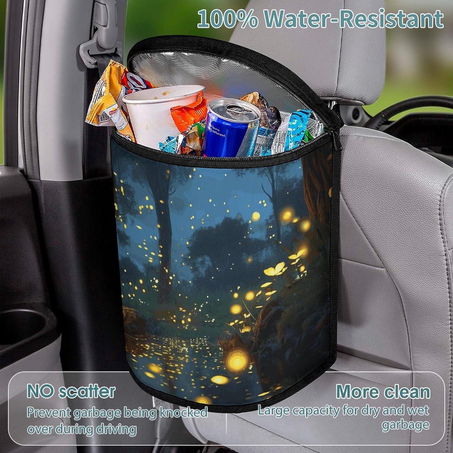 Hanging Car Trash Bag Fireflies Printed Car Garbage Storage Bag Leakproof Car Trash Can Portable Garbage Storage Bags