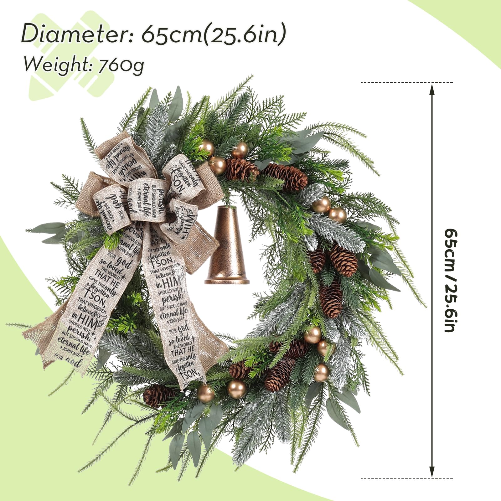 Corona para puerta de Navidad, 45 cm, decoración navideña para puerta de casa con campanas, corona de Navidad artificial, decoración para interior y exterior
