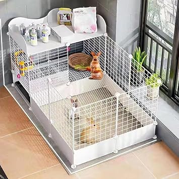Large Rabbit Cage - Top Storage, Rabbit House, Ceiling Door, Drawer Toilet, Roof Included, Escape Proof, Easy Assembly, Easy to Clean White Baffle