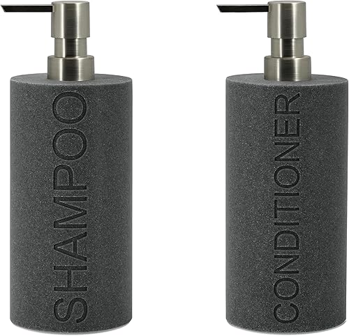 Miniatura 10 de Dispensador de Bomba Recargable con Botella Grabada de Champú de Resina de Piedra Arenisca Gris Neutro, Construcción de Resina Duradera e Resina de