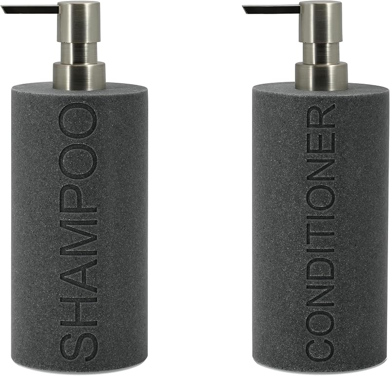Conjunto com 2 frascos recarregáveis Indecor Home para shampoo e condicionador, resina cinza