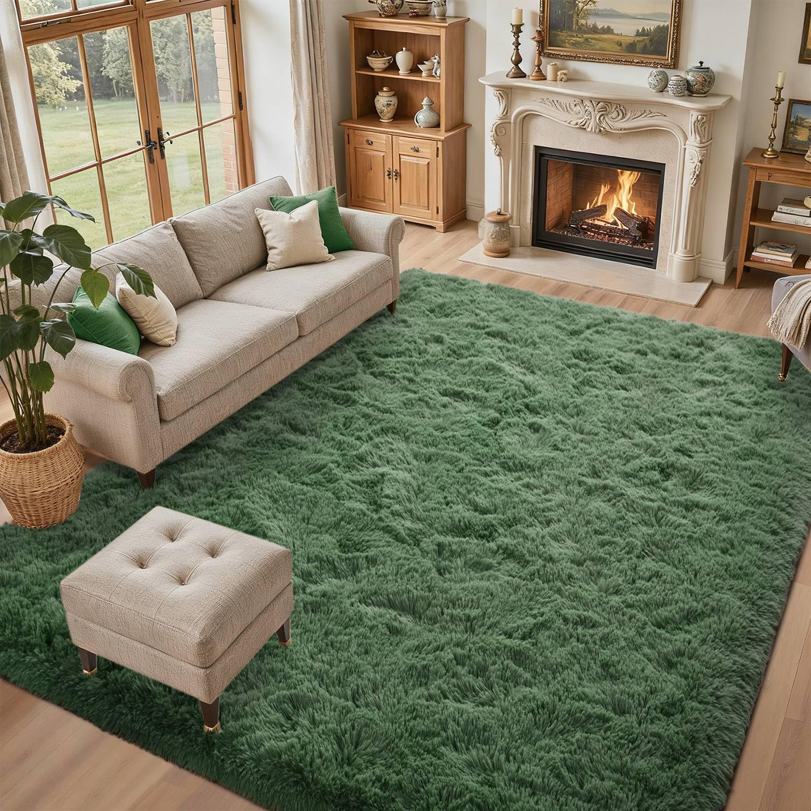 9x12 Area Rugs for Living Room Green Fluffy Shag Rug,Plush Bedroom Grass Carpet for Kids Teens Indoor Classroom Home Decor Aesthetic