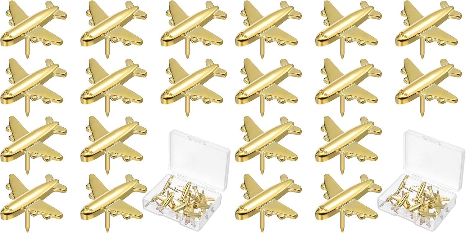 VILLCASE Airplane Push PinsThumb Tacks, 24pcs Metal Office Supplies for Cork Board, Bulletin Board, Photo Wall Maps- Decorative Airplane Pushpin for Office Home School Gold (Pack of 2)