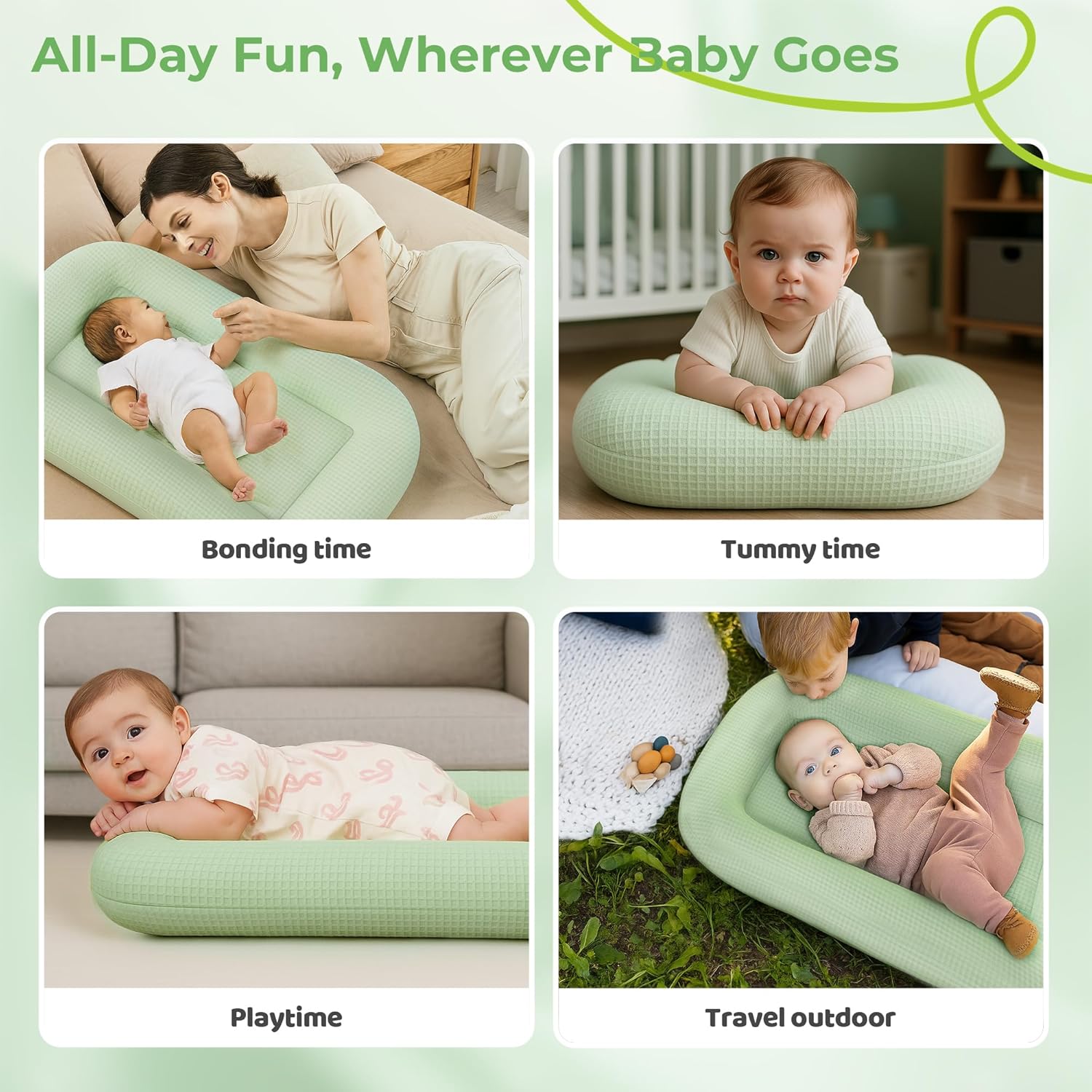 Baby Lounger for Newborn - Infant Lounger 0-24 Months with Lounger Cover, Cooling Baby Nest Lounger, Breathable Waffle Fabric & 3D Support, Portable Newborn Essentials, Green - Image 6
