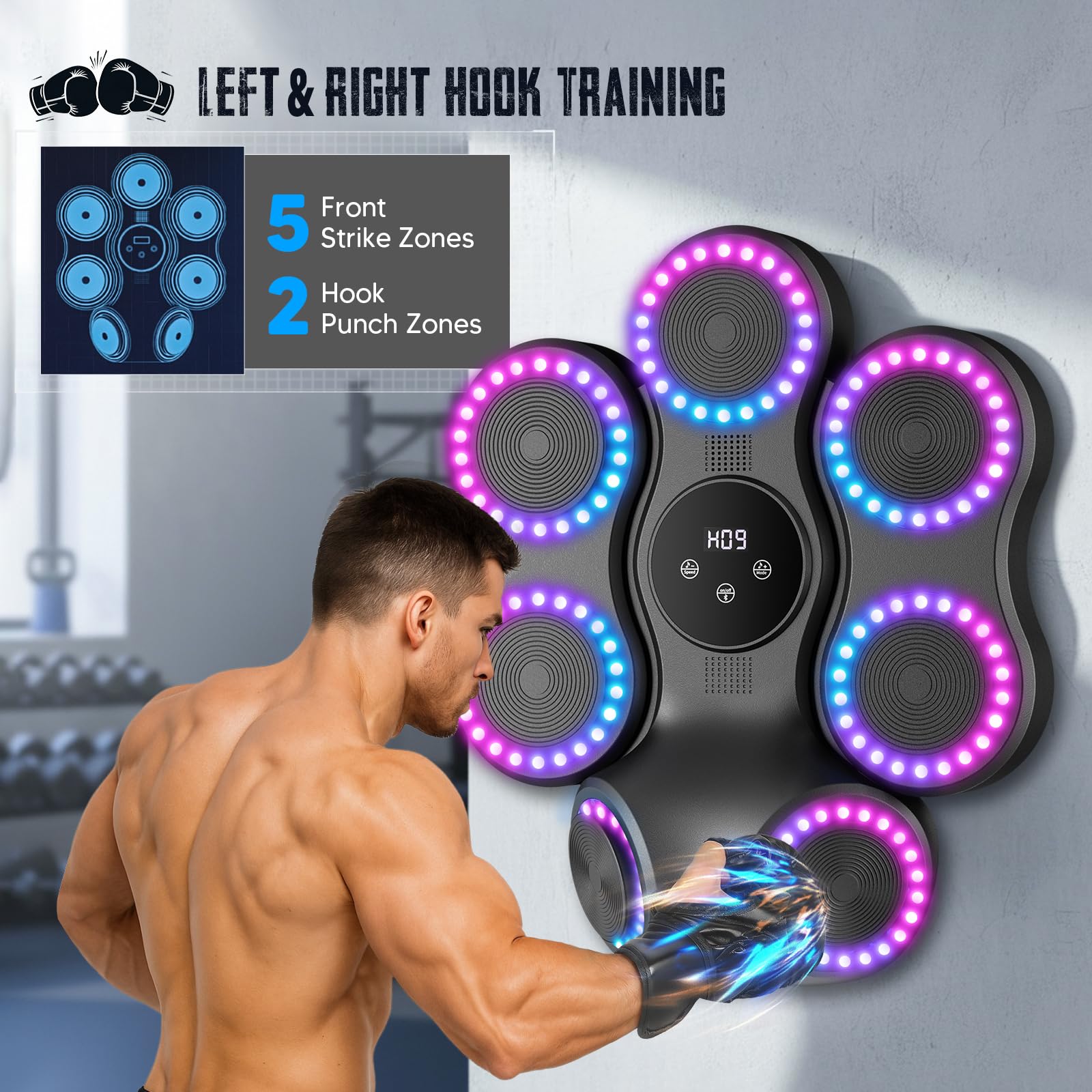 Macchina da Boxe Musicale Da Parete Attrezzature di Allenamento Intelligente con Bluetooth, 9 Velocità & Mode, Tappetino di Reazione con Guanti per Ragazzi & Bambini, Regalo Sportivo Palestra