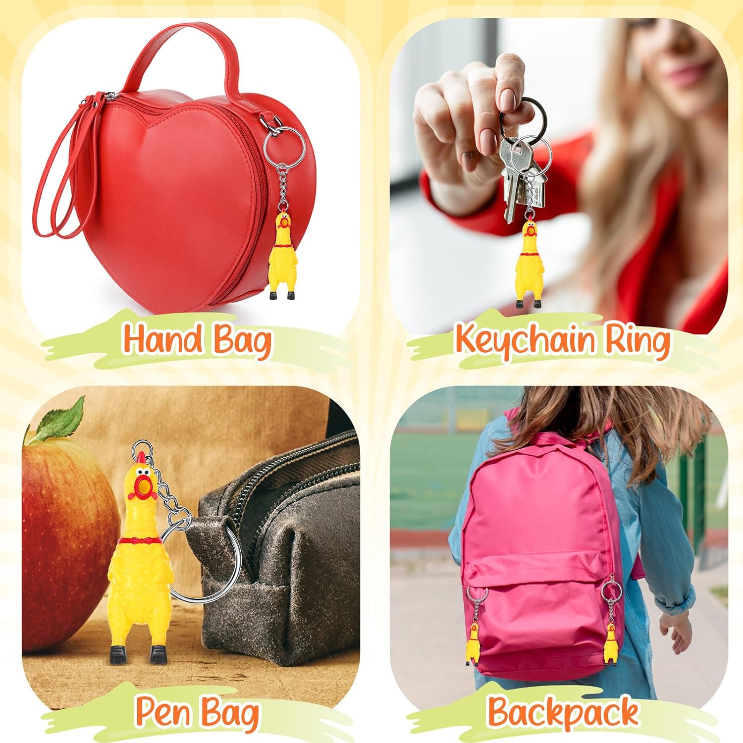 Shappy 24 Pcs 2.4" Mini Rubber Chicken Keychains Squeaky Screaming Chicken Squeeze Pendant Gag Gifts for Christmas Birthday Party (Yellow)