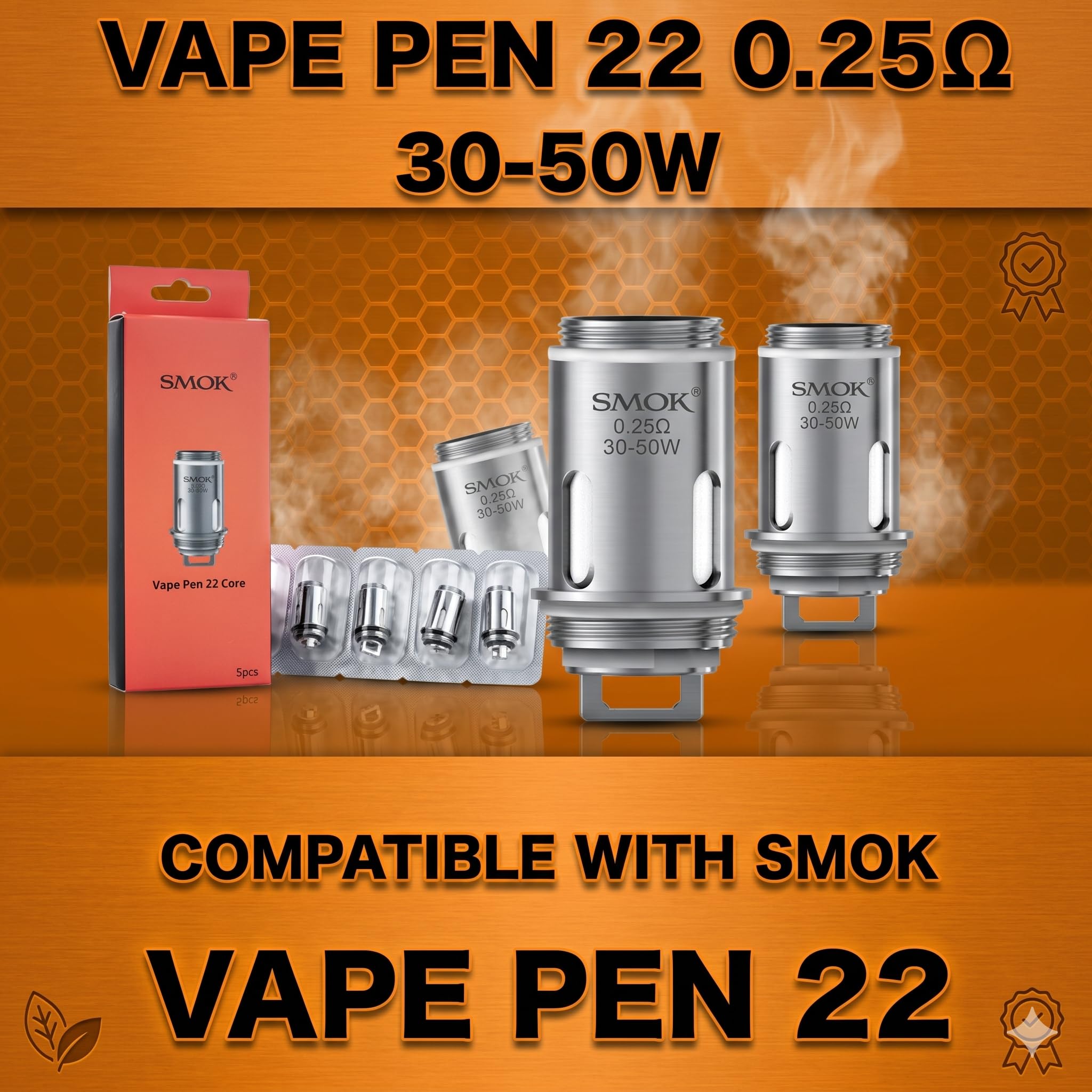 SMOK Vape Pen 22 0.25 Ohm Dual Core Coils [Pack of 5] - Massive Clouds &  Rich Flavour DTL Vaping, 30 to 50W, High VG Only, Compatible with  VapePen22/V2/Plus Kits, No Nicotine: