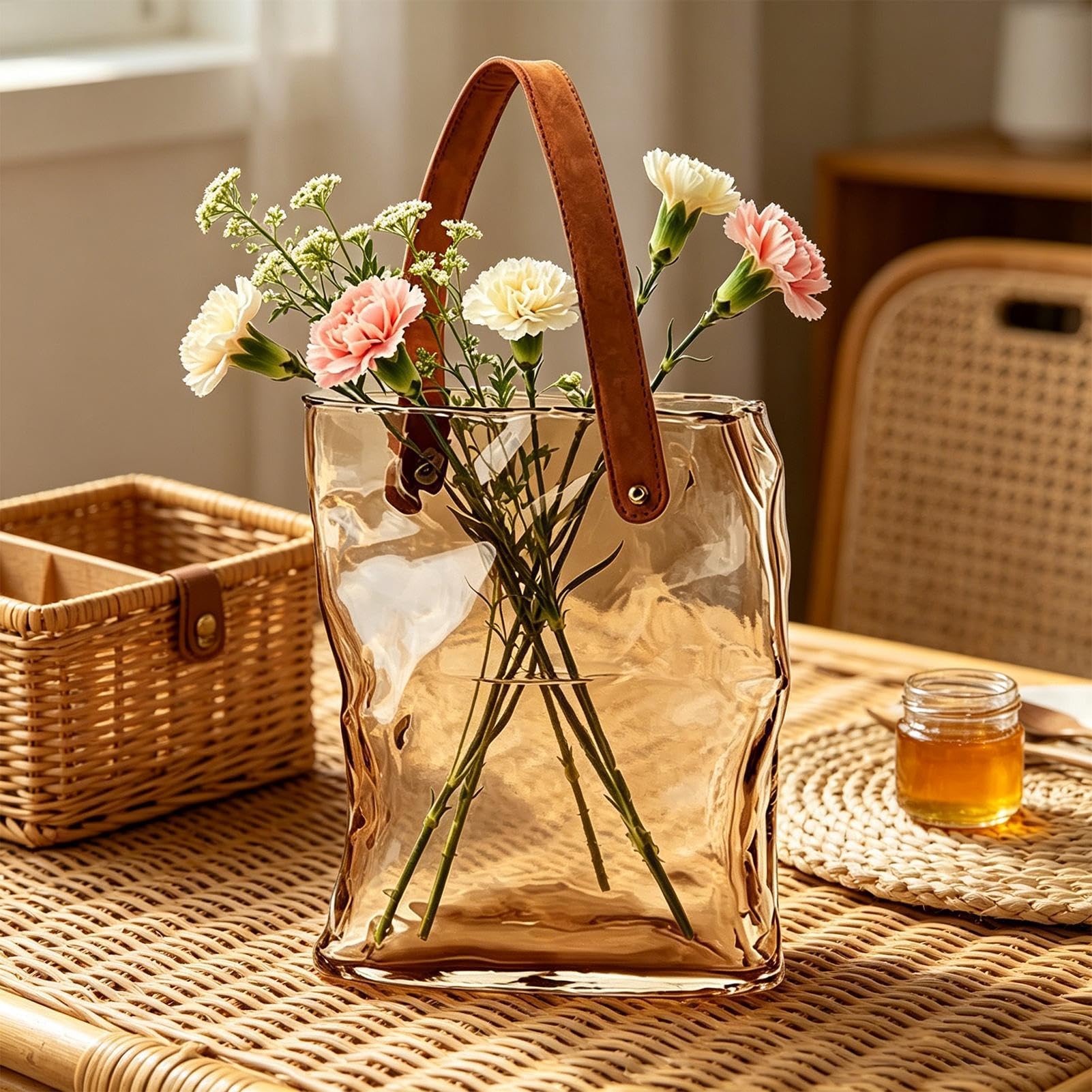 Taschenvase für Blumen Moderne Wohndeko Tischdekoration | Blumengesteck Niedliche Vase Glastasche für Wohndeko Schlafzimmer Wohnzimmer Büro Landhausstil Geburtstag Einweihung