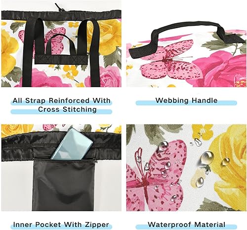 Vista 52 de Mochila de lavandería con correas ajustables para el hombro, bolsa de lavandería sucia para viajes, campamento, universidad, resistente, Rosa floral