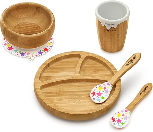 NutriChef Plato redondo de bambú para bebé, juego de estrellas con taza