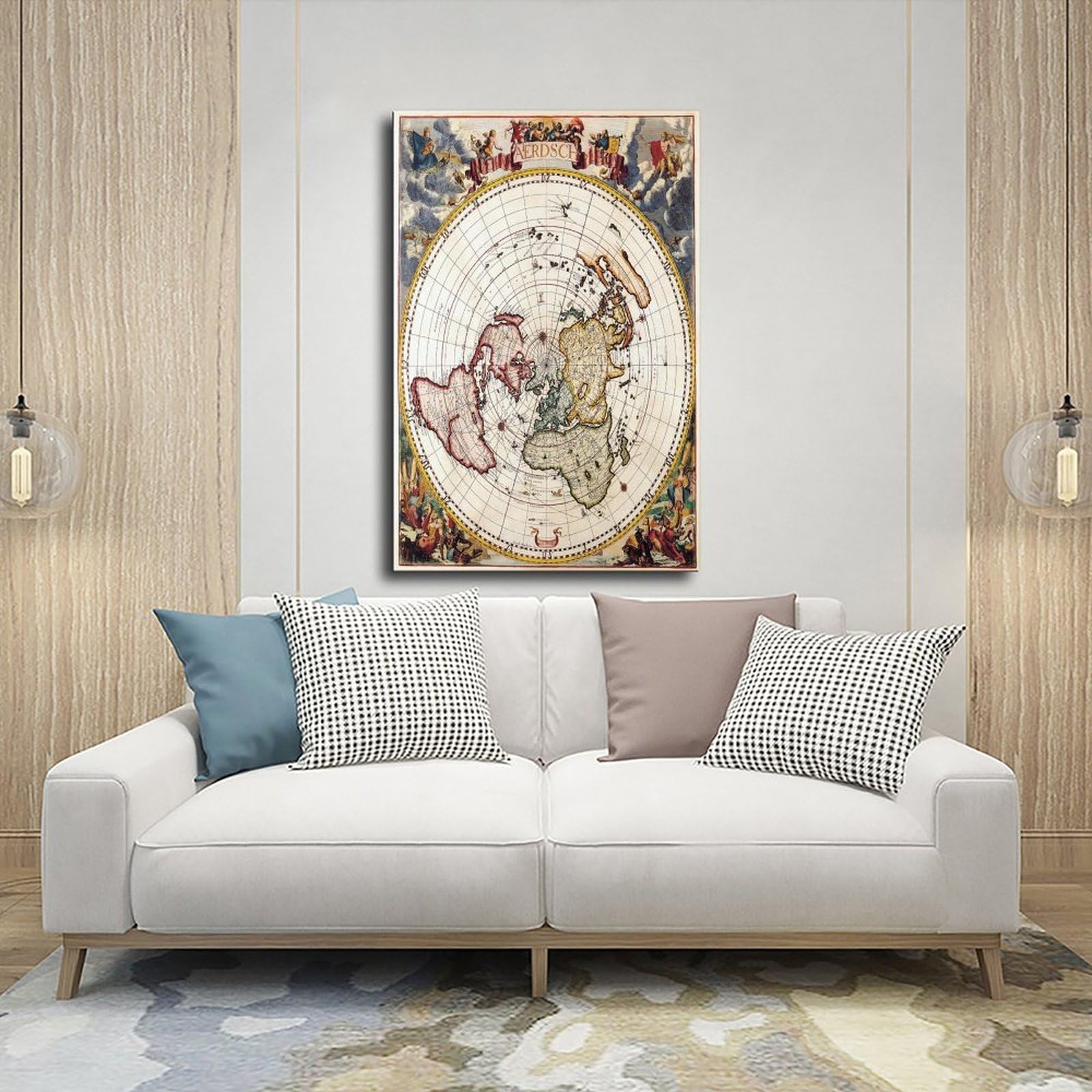 WCYB Flache Erde Weltkarte Vintage – Jacob Harrewyn – Polar-Azimut-Projektionsdrucke, Poster, Leinwand, Dekoration, Gemälde, Wandkunst für Büro, zum Aufhängen, Rahmen, 40,6 cm