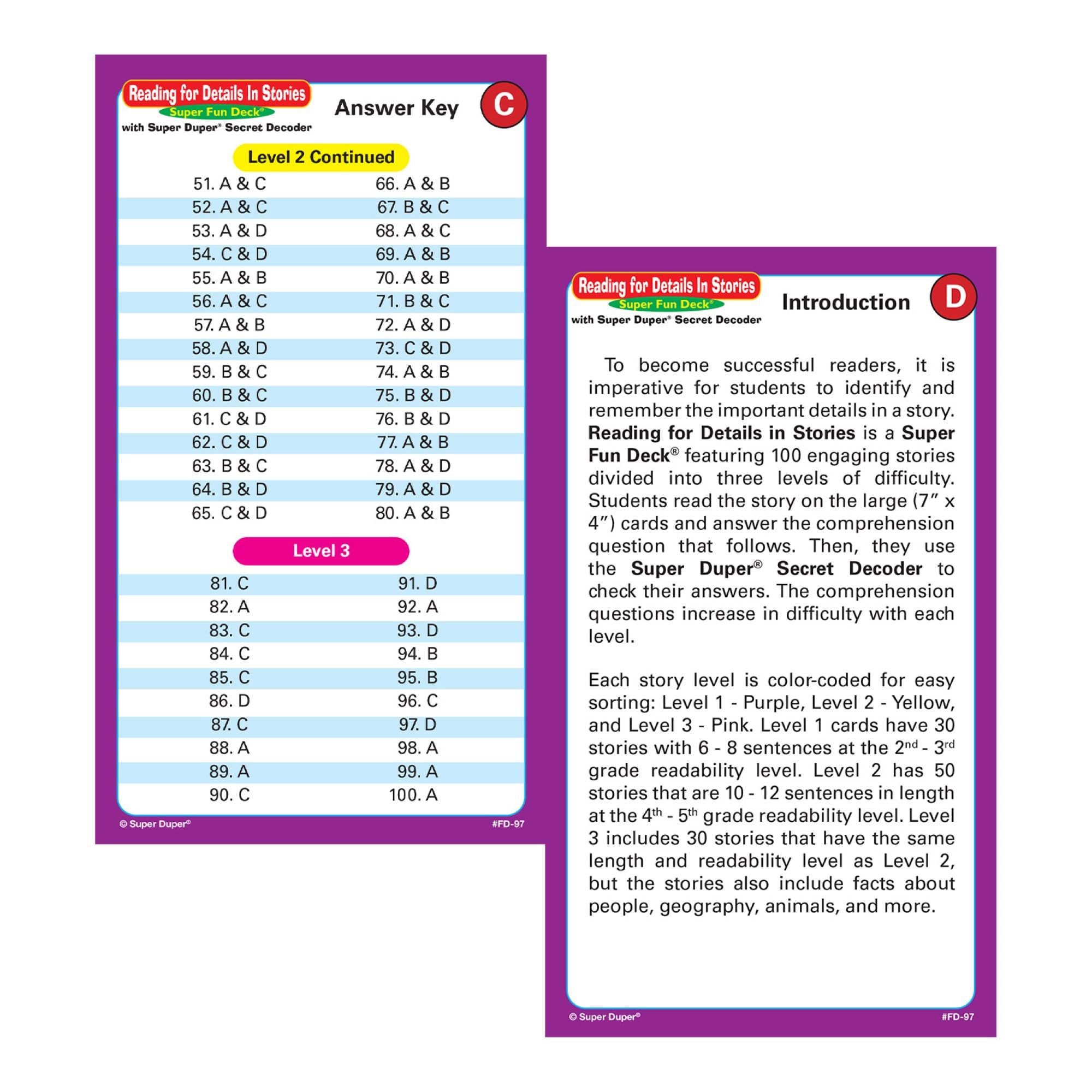 Super Duper Publications | Lecture pour plus de détails dans les histoires Cartes flash amusantes avec décodeur secret | Ressource d'apprentissage éducative pour les enfants