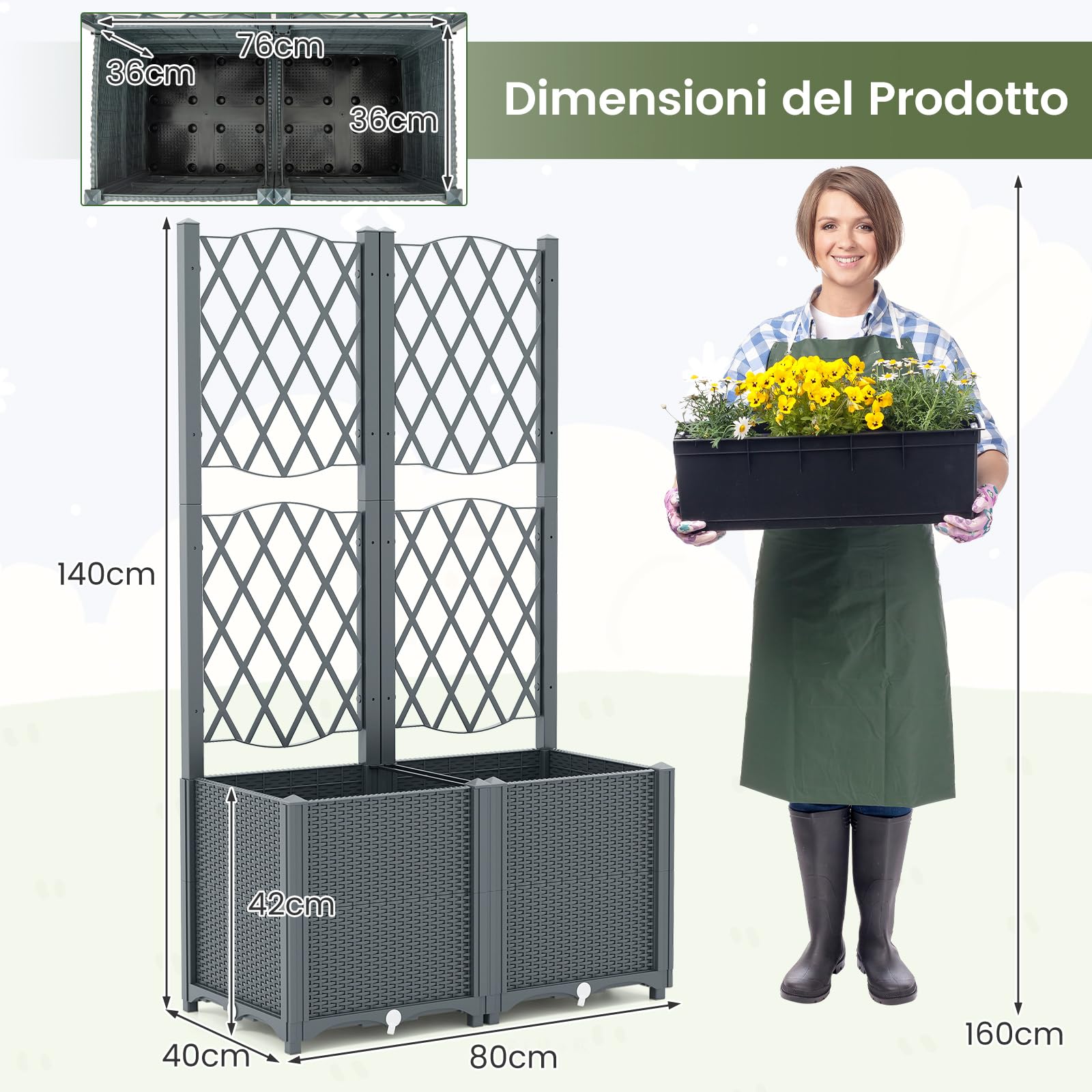 COSTWAY Letto da Giardino Elevato con Trellis a Lattice, Fioriera Autoinnaffiata per Piante Rampicanti, Fiori e Verdure, Fioriera Verticale da Interni e Esterni (Grigio,80 x 40 x 140 cm)