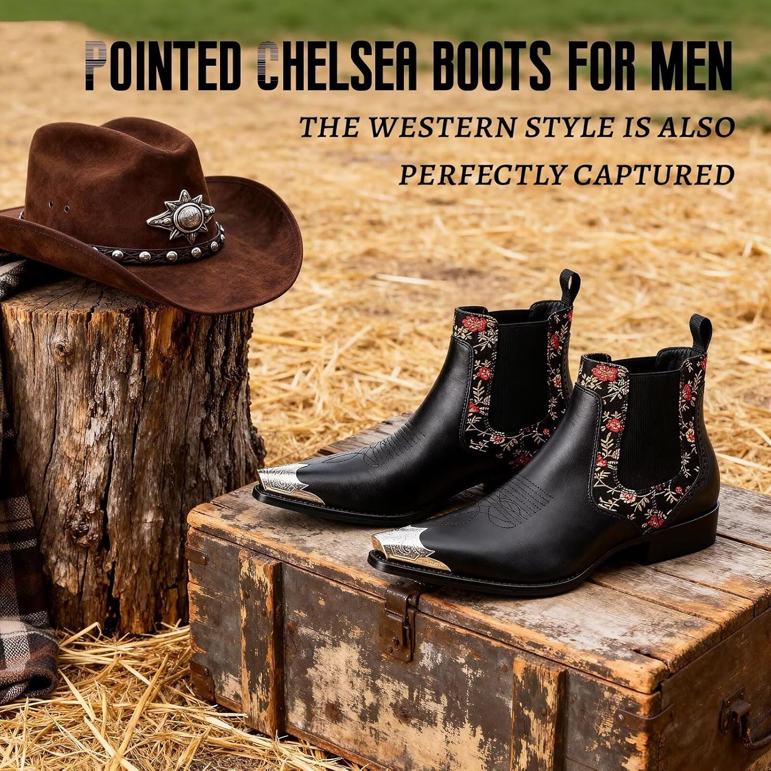 Men's Chelsea Boots with Floral Jacquard Fabric and Silver Toe Cap Slip On Dress Boots for Stage, Party, Fashion, Casual, Stylish Shoes - Image 4