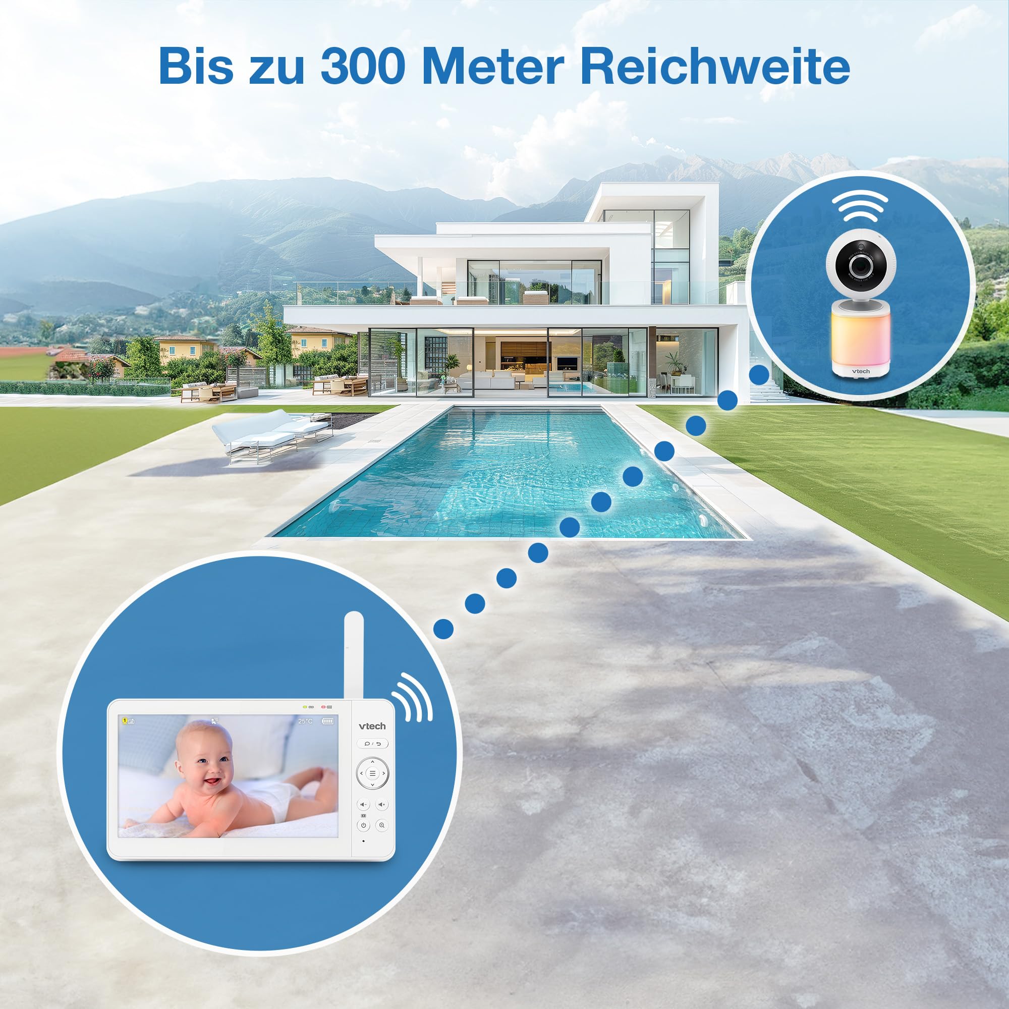 VTech Video-Babyphone mit 7" Farb-LCD-Bildschirm,360°-Panoramablick,Schwenken/Kippen/Zoom,Wiegenlieder&beruhigende Geräusche,Nachtlicht,Gegensprechfunktion,Touch-Bedienung,VM7468-2 mit Zwei Kameras