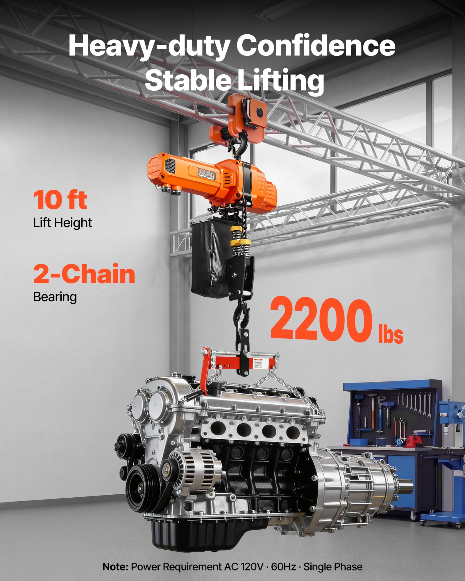 VEVOR Elektrischer Kettenzug 1000 kg 3 m Hubhöhe 230 V Einphasen-Brückenkran mit Funk- & Kabelfernbedienung Notstopp