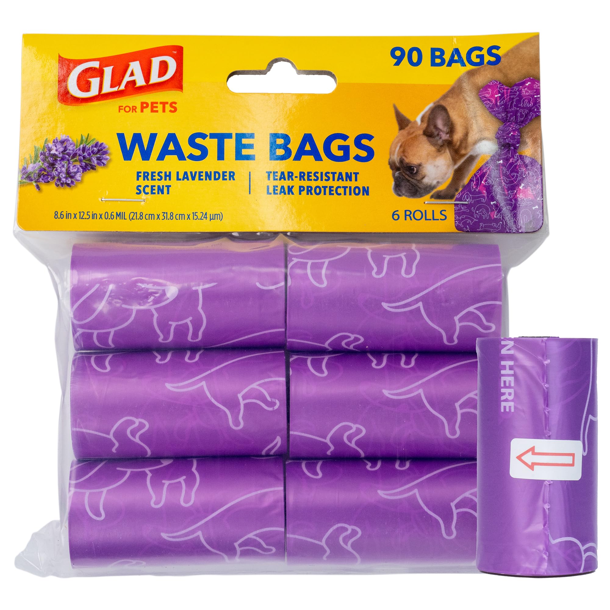 Glad for Pets Scented Waste Bags, Tear Resistant Pet Poop Pick-up Bags with Leak Protection, Fresh Lavender Scent, Purple Designs, 6 rolls, 90 bags total