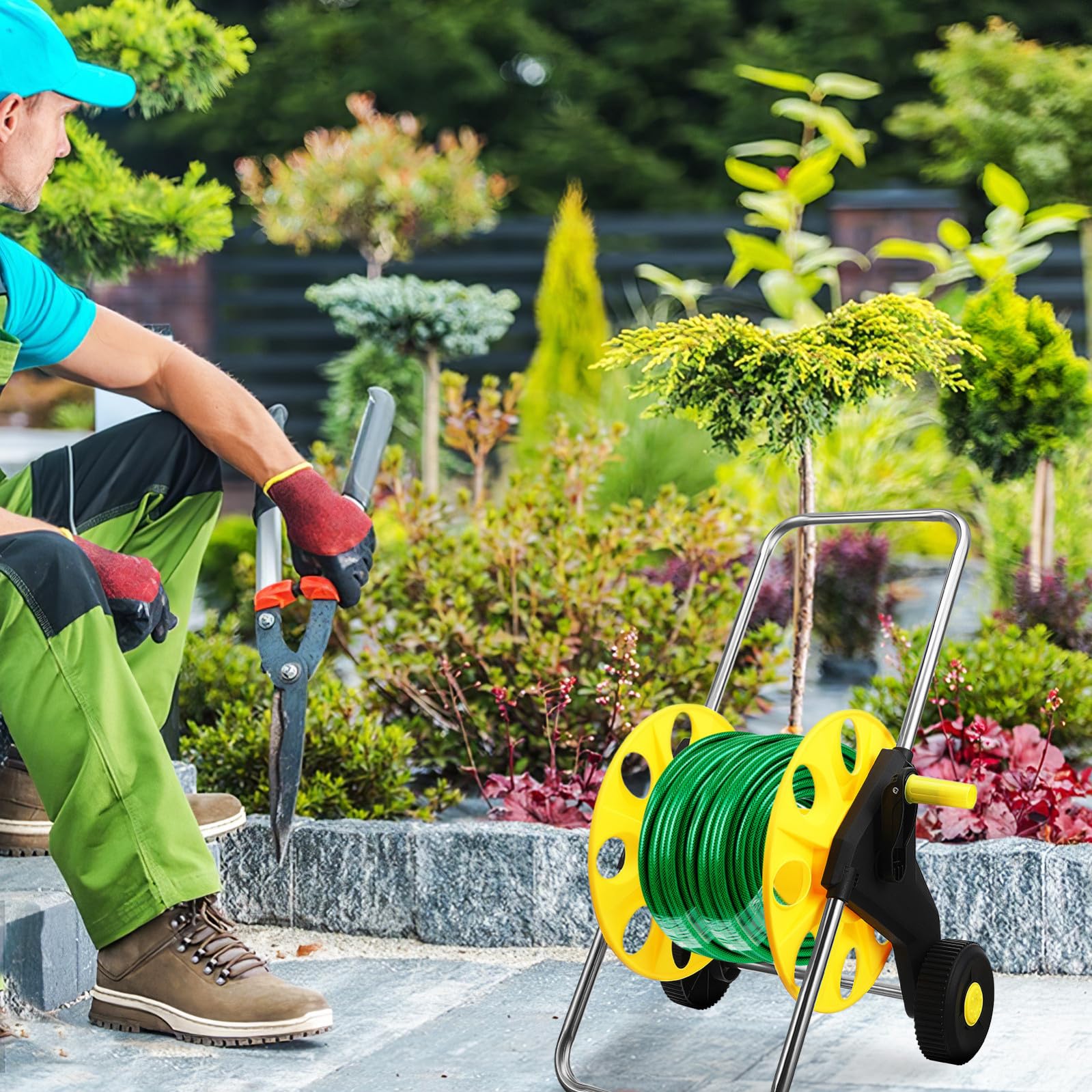 CALLARON Carrello Avvolgitubo da Giardino con Ruote, Design a Spinta Manuale in Pp Giallo, Previene Grovigli per Annaffiare Piante e Lavare Auto