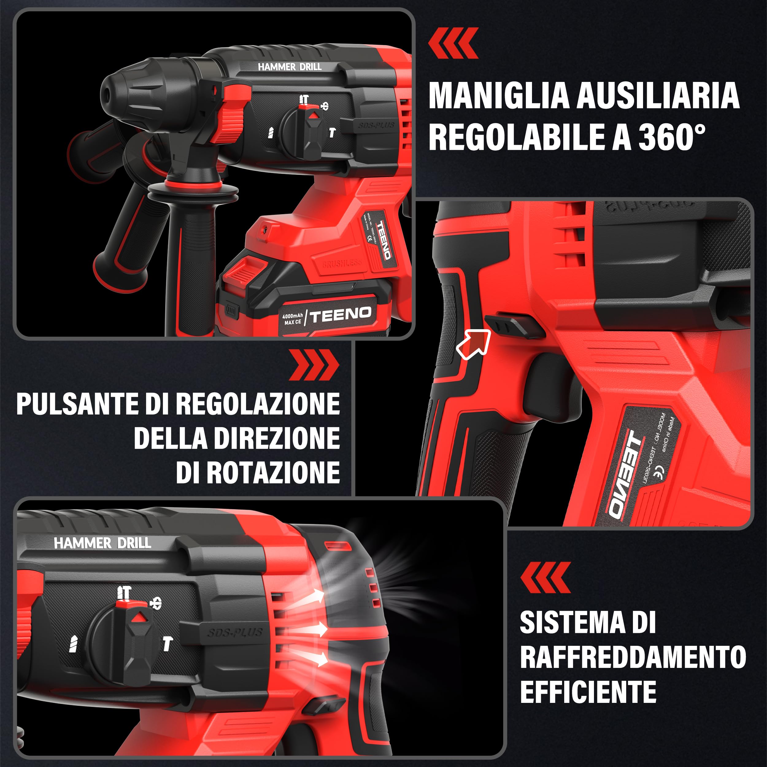 Tassellatore a Batteria 20V Senza Spazzole, 2.6J, 1500RPM, 4850BPM, SDS-Plus 3 Funzioni, 2×4.0Ah Batterie e Caricatore, Luce LED, Design Antivibrazione con Valigetta e 8 Accessori